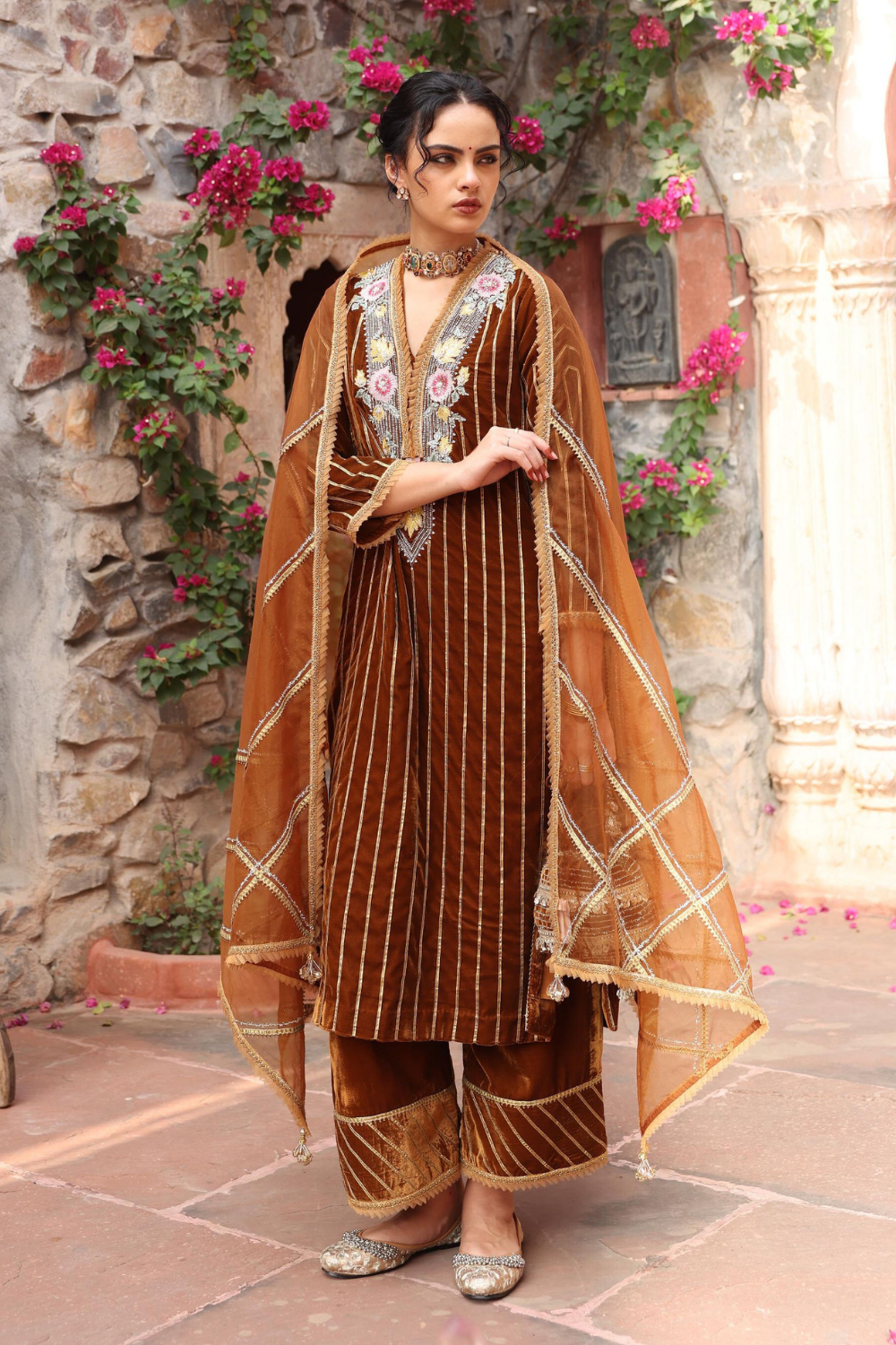 Honey Gold Embroidered Velvet Kurta Set with Organza Dupatta