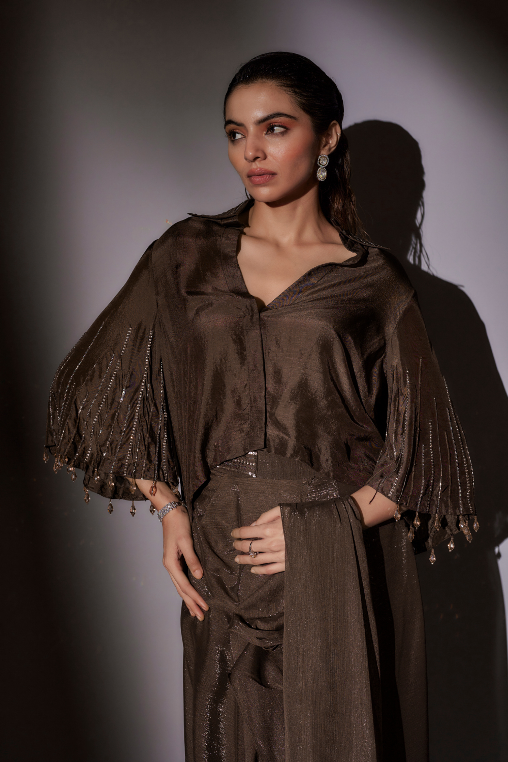 Richa Coffee Pre-Draped Satin Saree with Bohemian Bell Sleeve Blouse