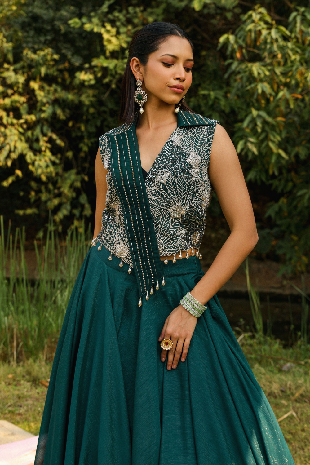 Aahana Green Badla Embroidered Organza Skirt Set for Festive Wear