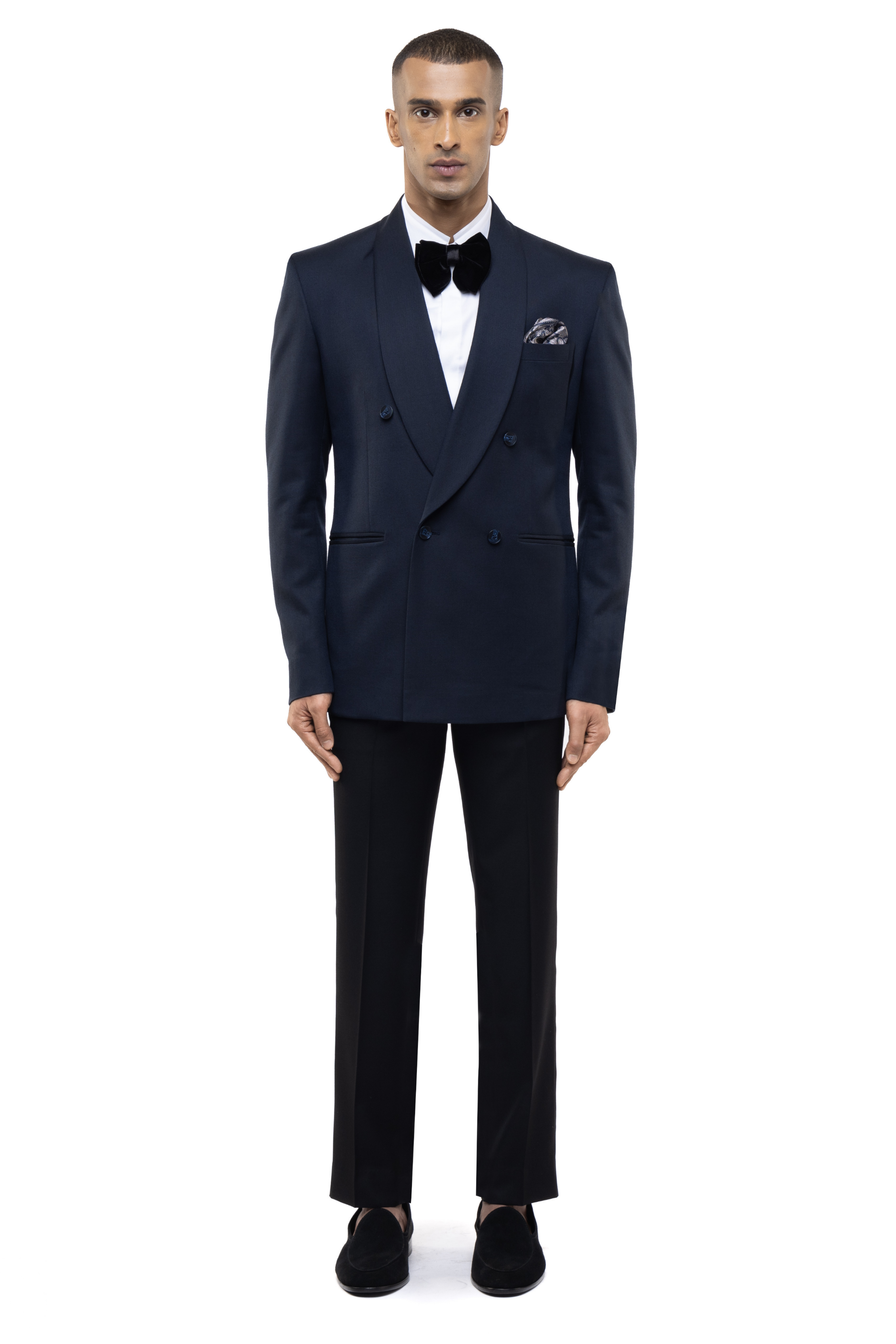 Navy Blue Worsted Wool Classic Shawl Lapel Double Breasted Tuxedo Set