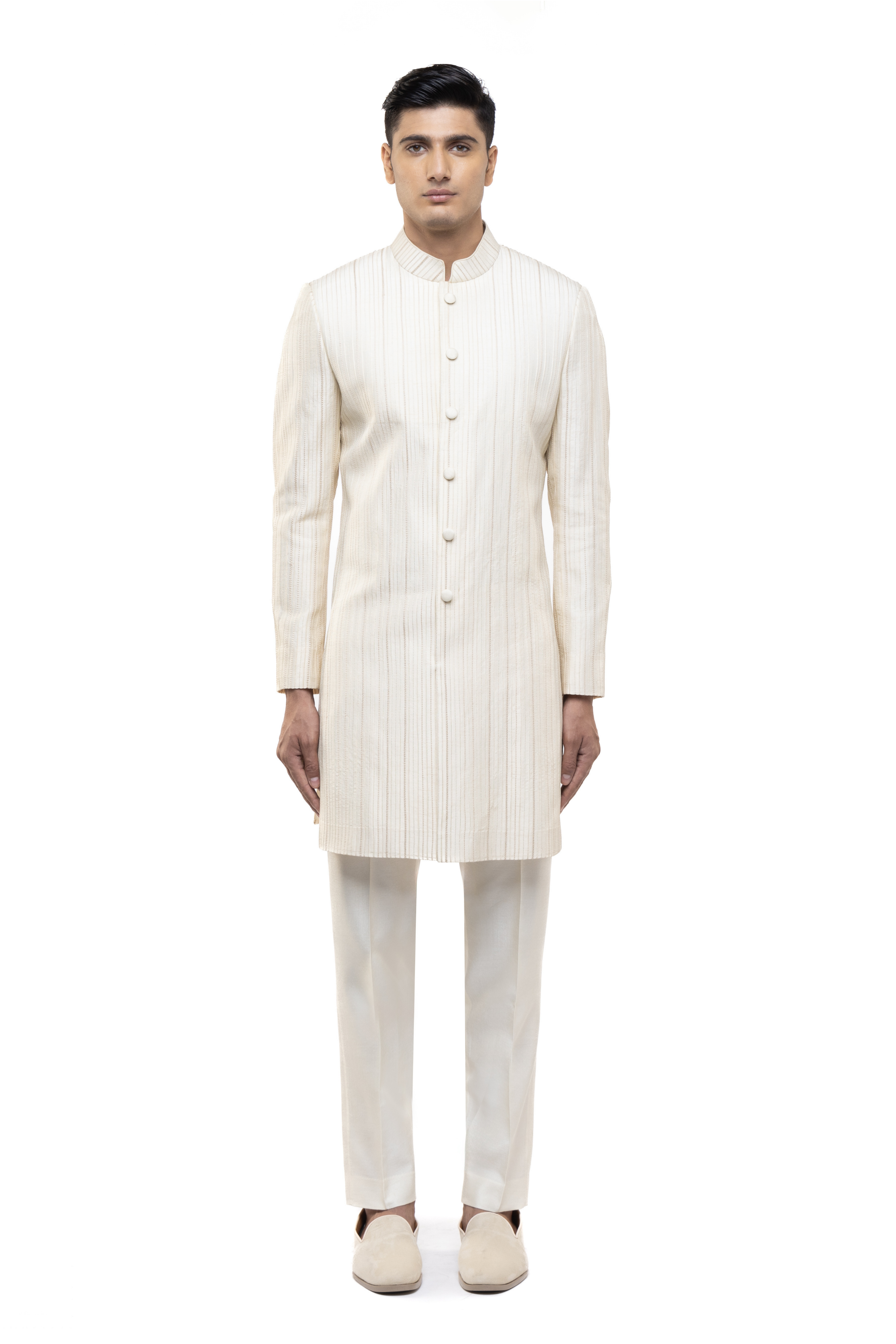 Off-White Silk Vertical Pleated Sherwani Set
