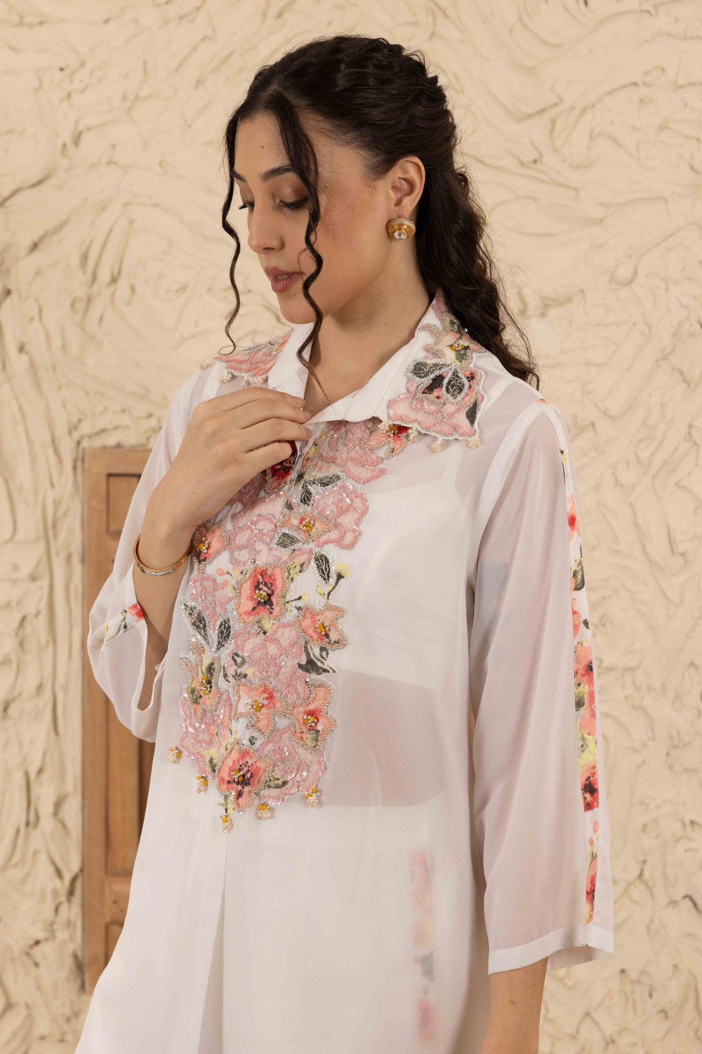 Aditi Co-ord Set - Ivory Embroidered Flowy Georgette Luxury Set