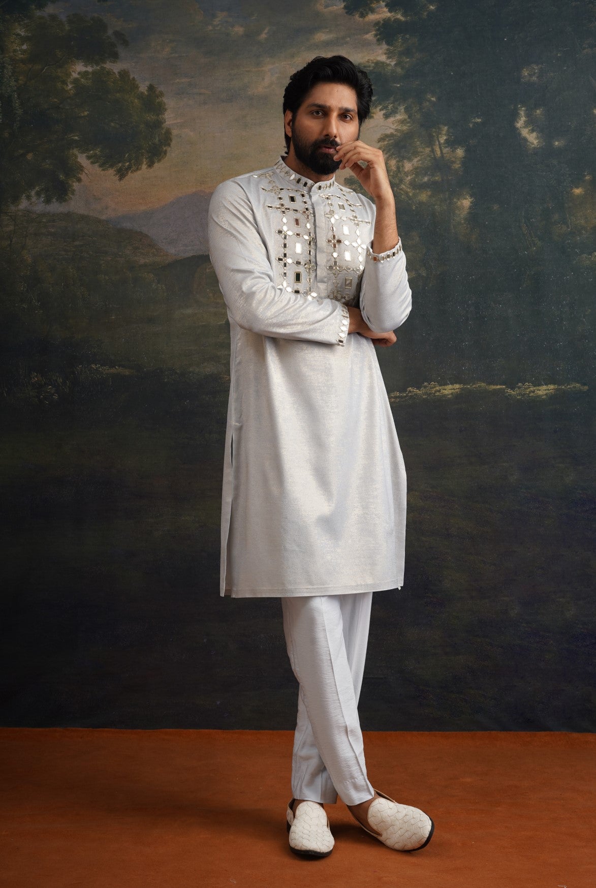Ice grey gold hand emroidered kurta set