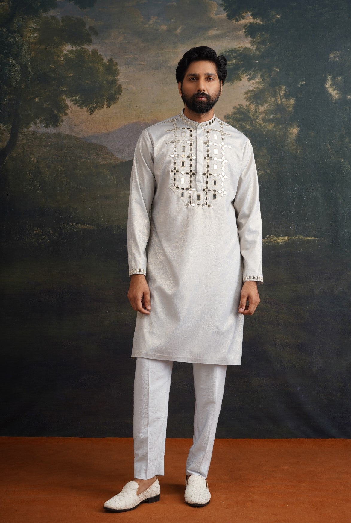 Ice grey gold hand emroidered kurta set