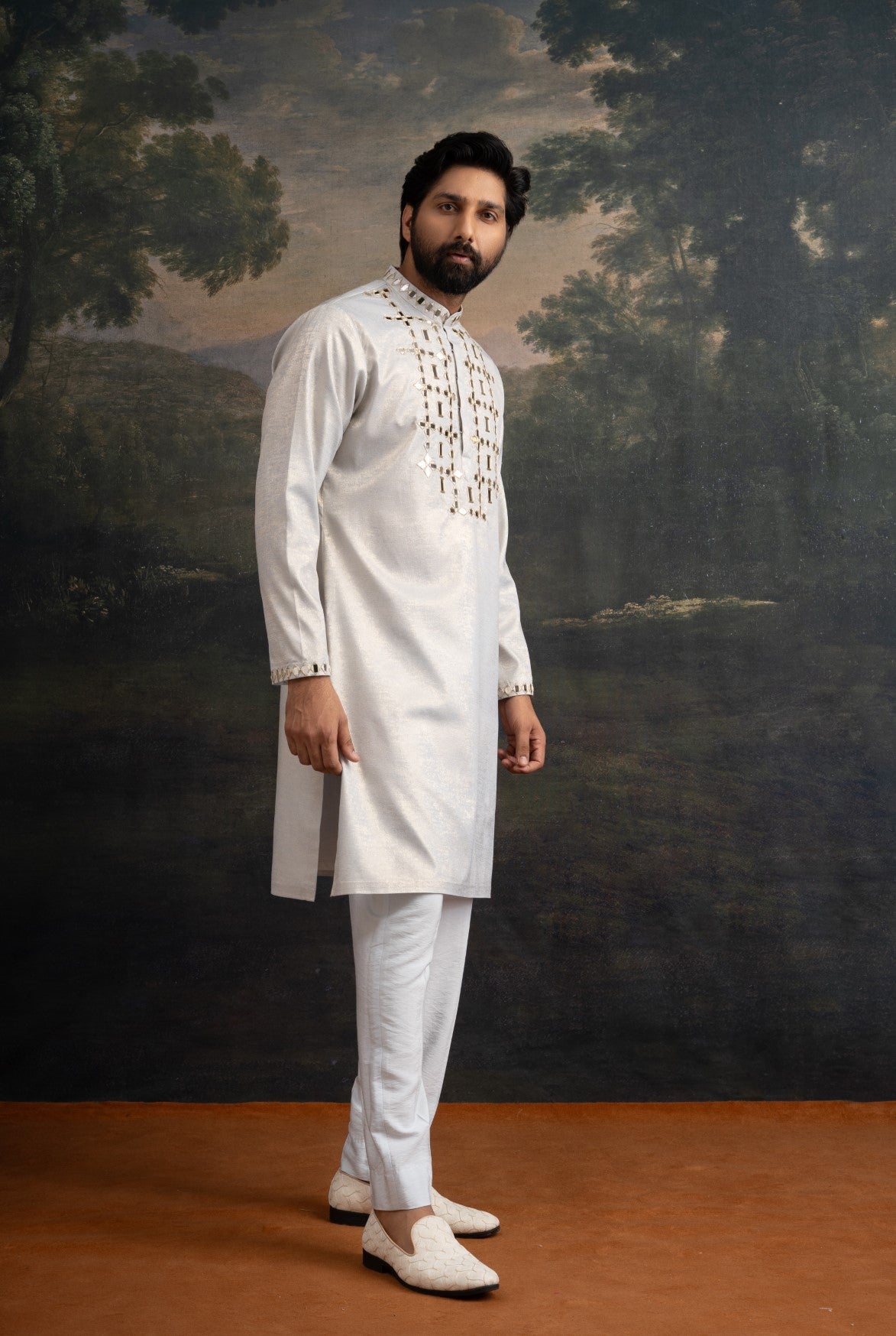 Ice grey gold hand emroidered kurta set