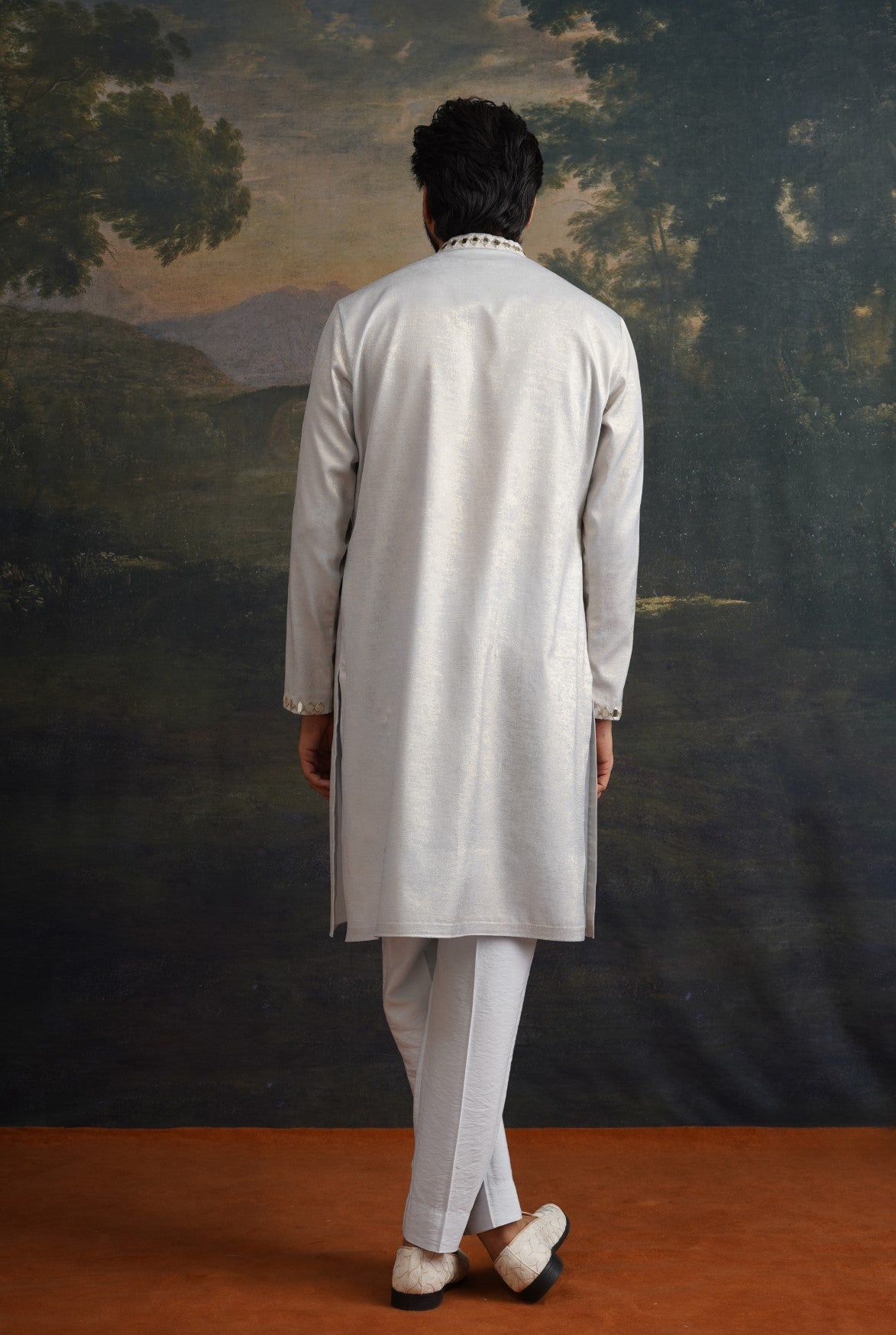 Ice grey gold hand emroidered kurta set