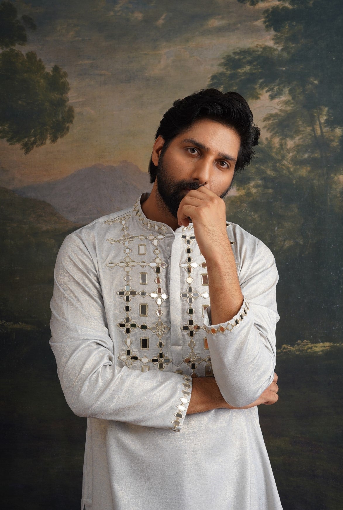 Ice grey gold hand emroidered kurta set
