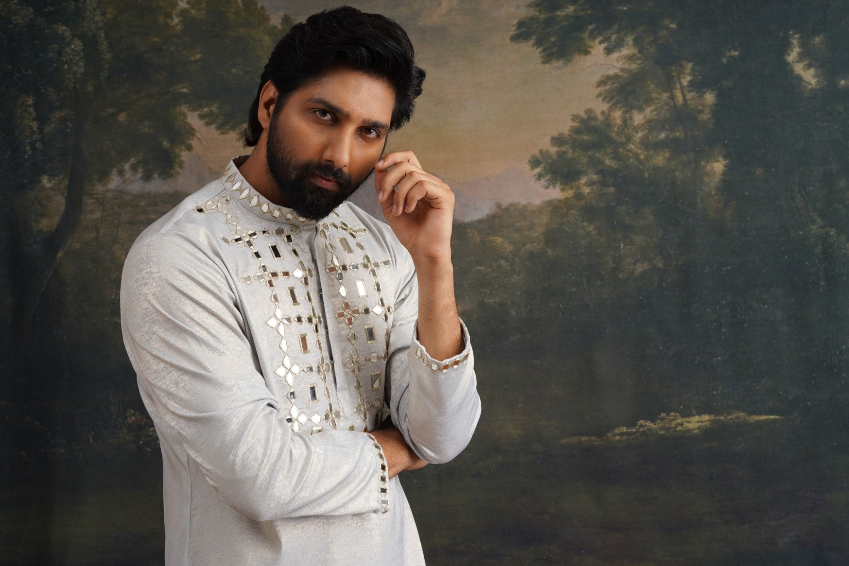 Ice grey gold hand emroidered kurta set
