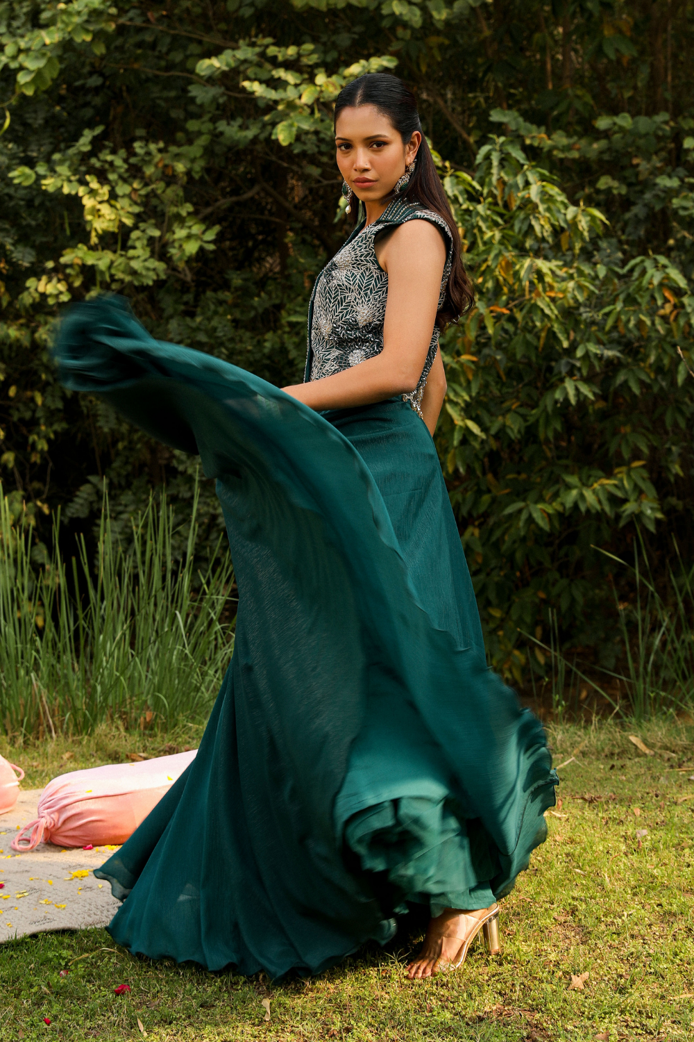 Aahana Green Badla Embroidered Organza Skirt Set for Festive Wear
