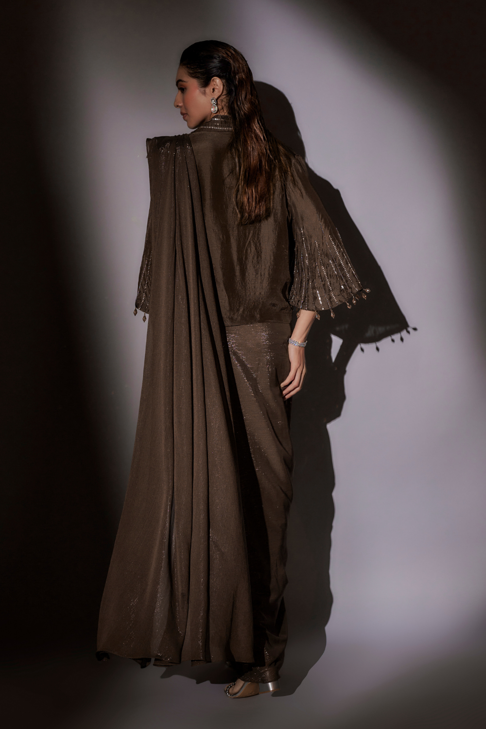 Richa Coffee Pre-Draped Satin Saree with Bohemian Bell Sleeve Blouse