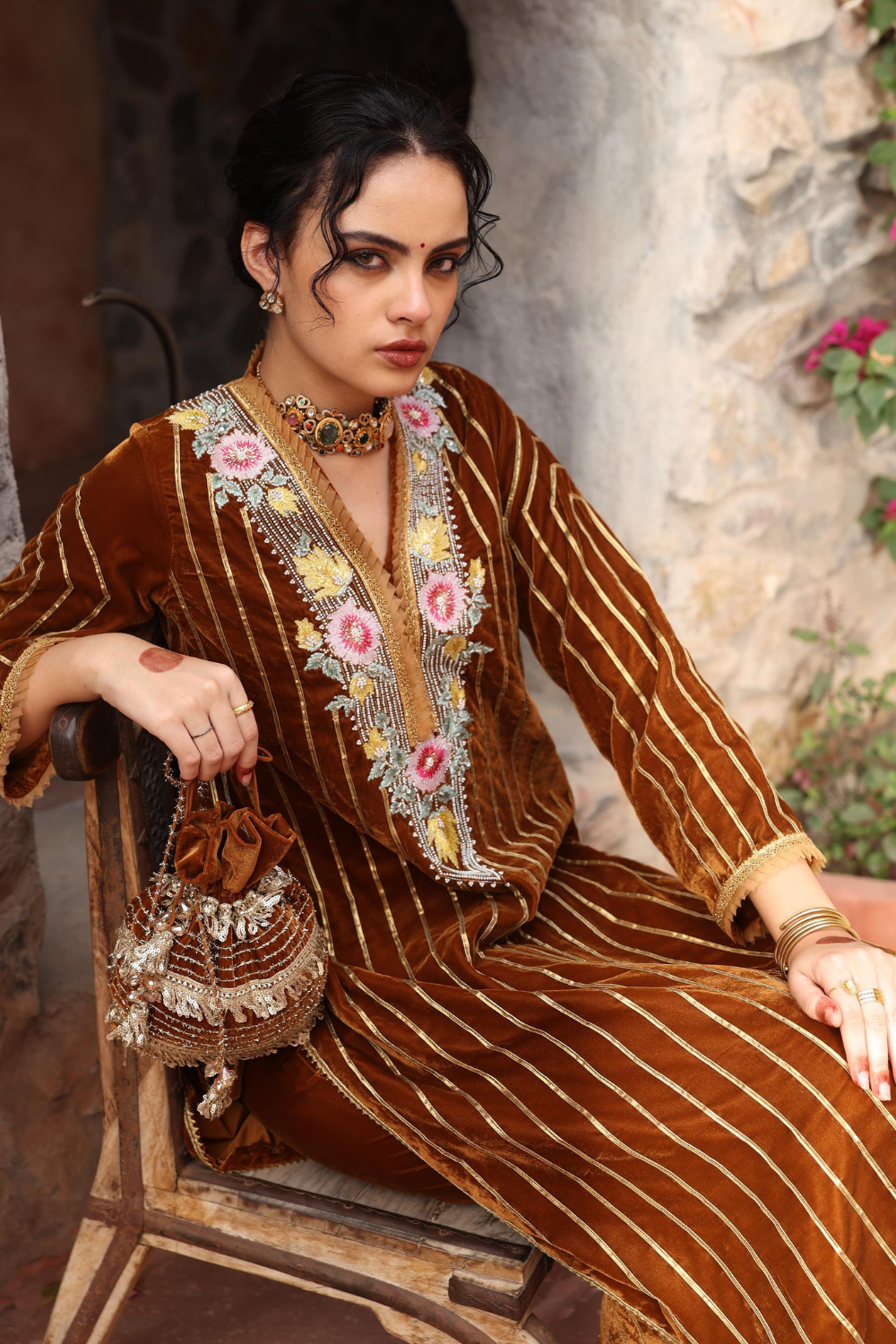 Honey Gold Embroidered Velvet Kurta Set with Organza Dupatta