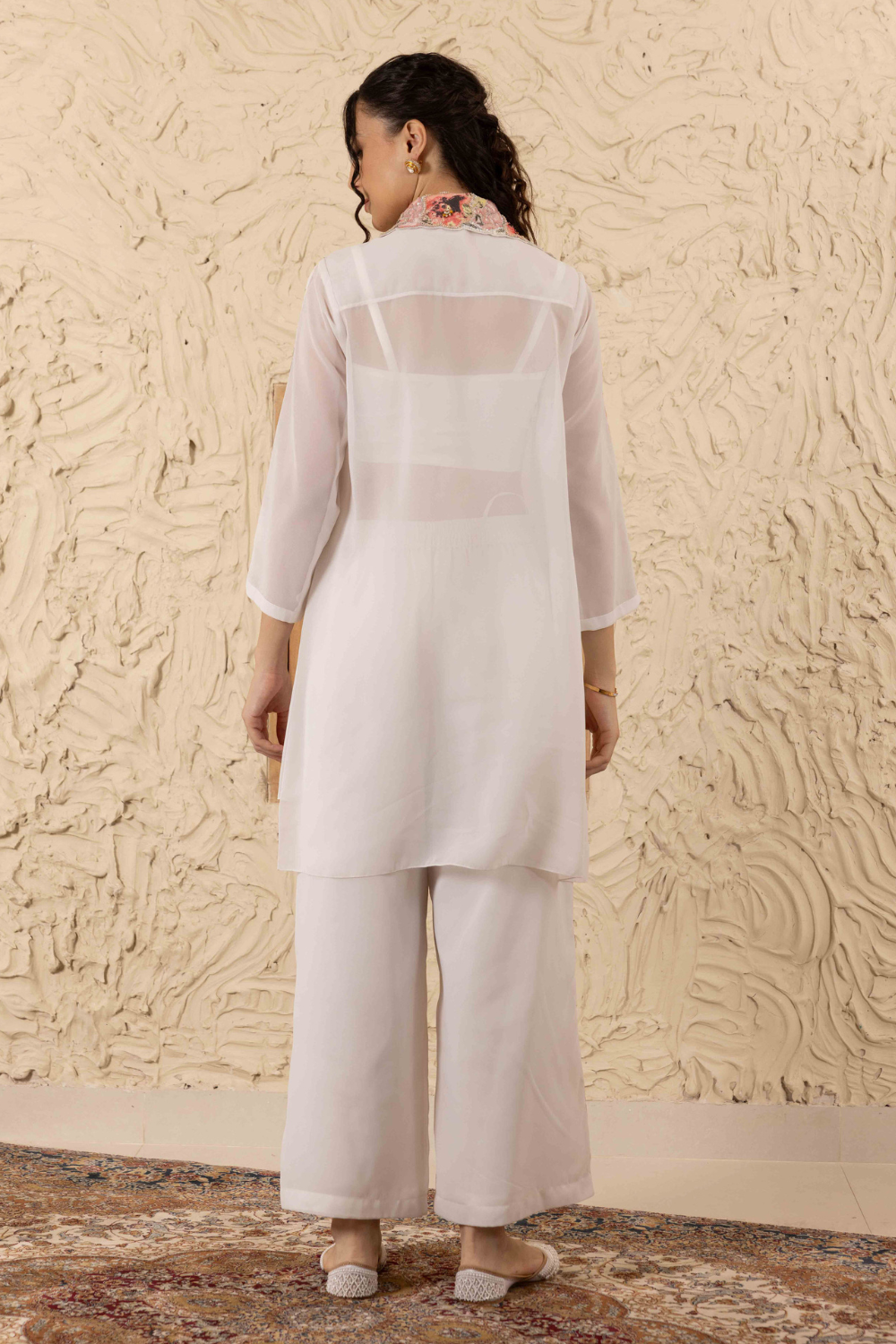 Aditi Co-ord Set - Ivory Embroidered Flowy Georgette Luxury Set