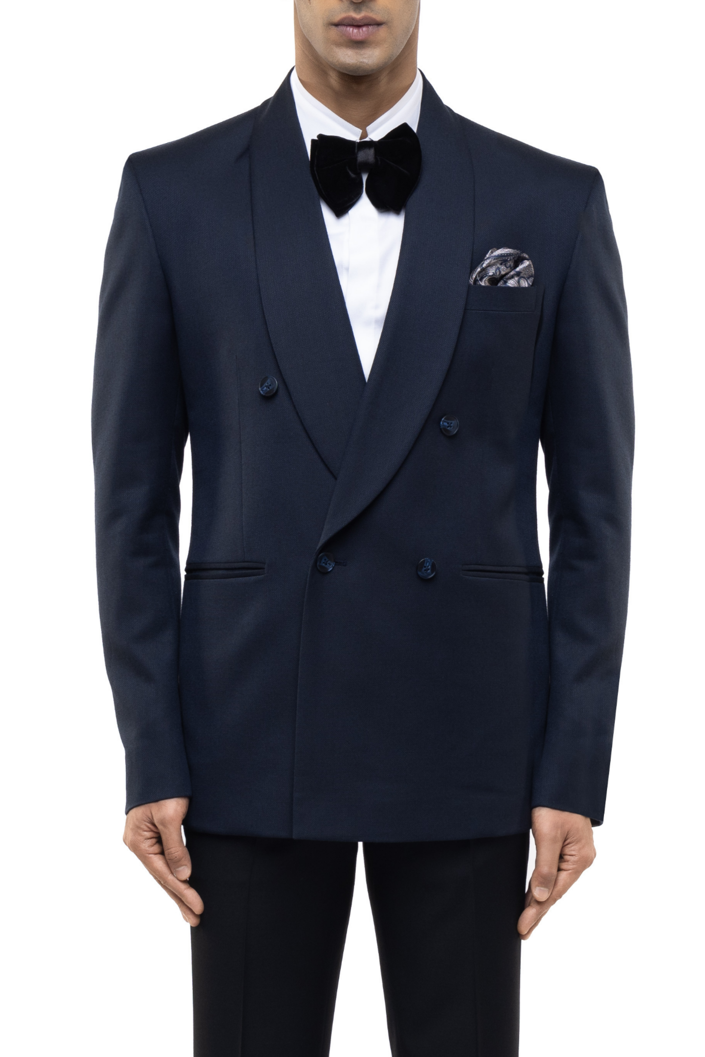 Navy Blue Worsted Wool Classic Shawl Lapel Double Breasted Tuxedo Set