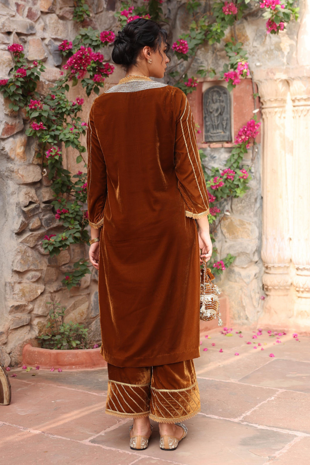 Honey Gold Embroidered Velvet Kurta Set with Organza Dupatta