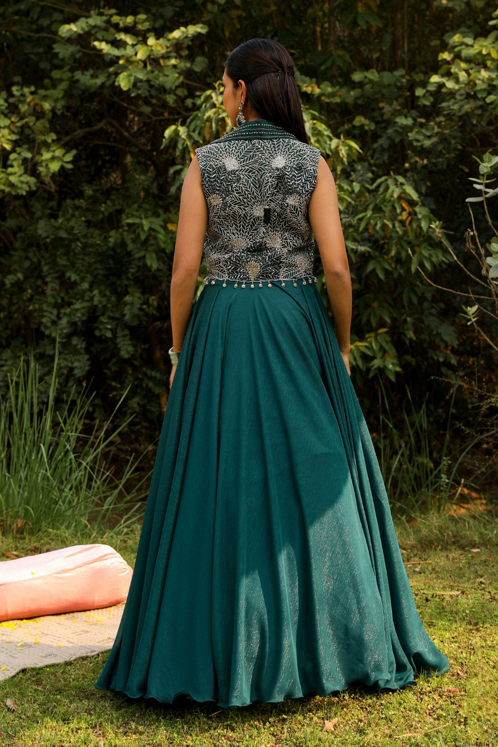 Aahana Green Badla Embroidered Organza Skirt Set for Festive Wear