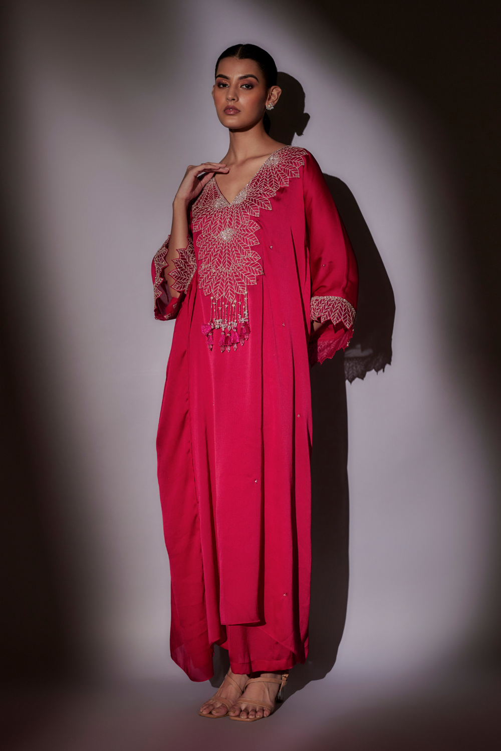 Rani Pink Satin Chiffon Roli Kaftan with Leaf Embroidery