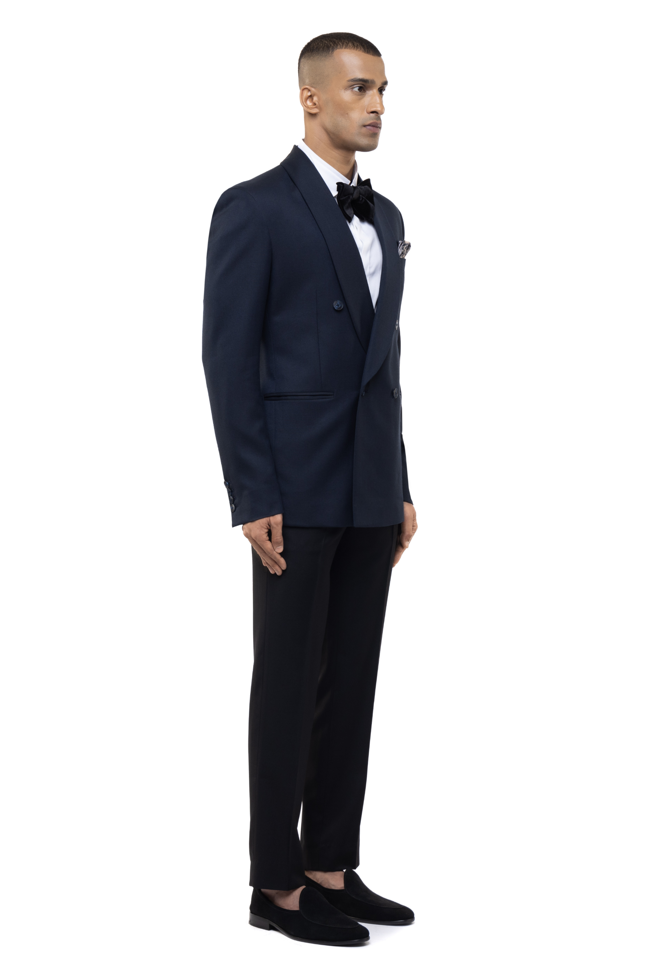 Navy Blue Worsted Wool Classic Shawl Lapel Double Breasted Tuxedo Set