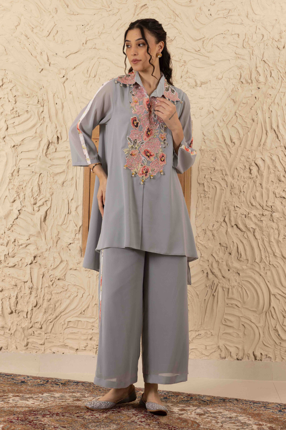 Aditi Ivory Embroidered Collar Co-ord Set - Luxury Georgette Wear