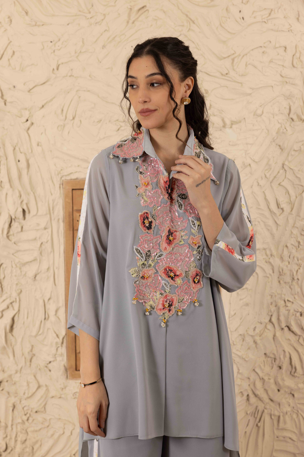 Aditi Ivory Embroidered Collar Co-ord Set - Luxury Georgette Wear