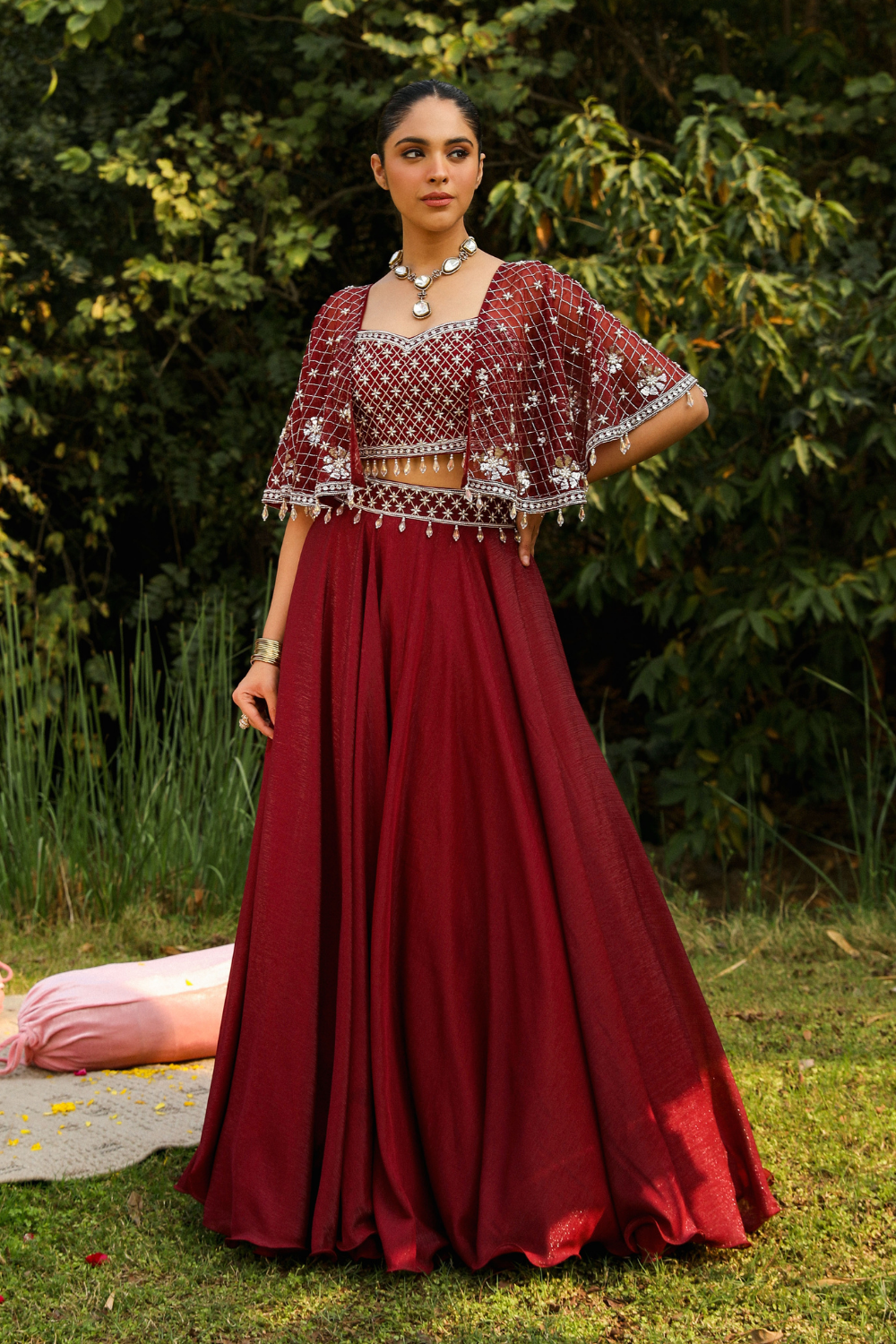 Aashvi Wine Embroidered Skirt Set with Structured Cape Sleeves