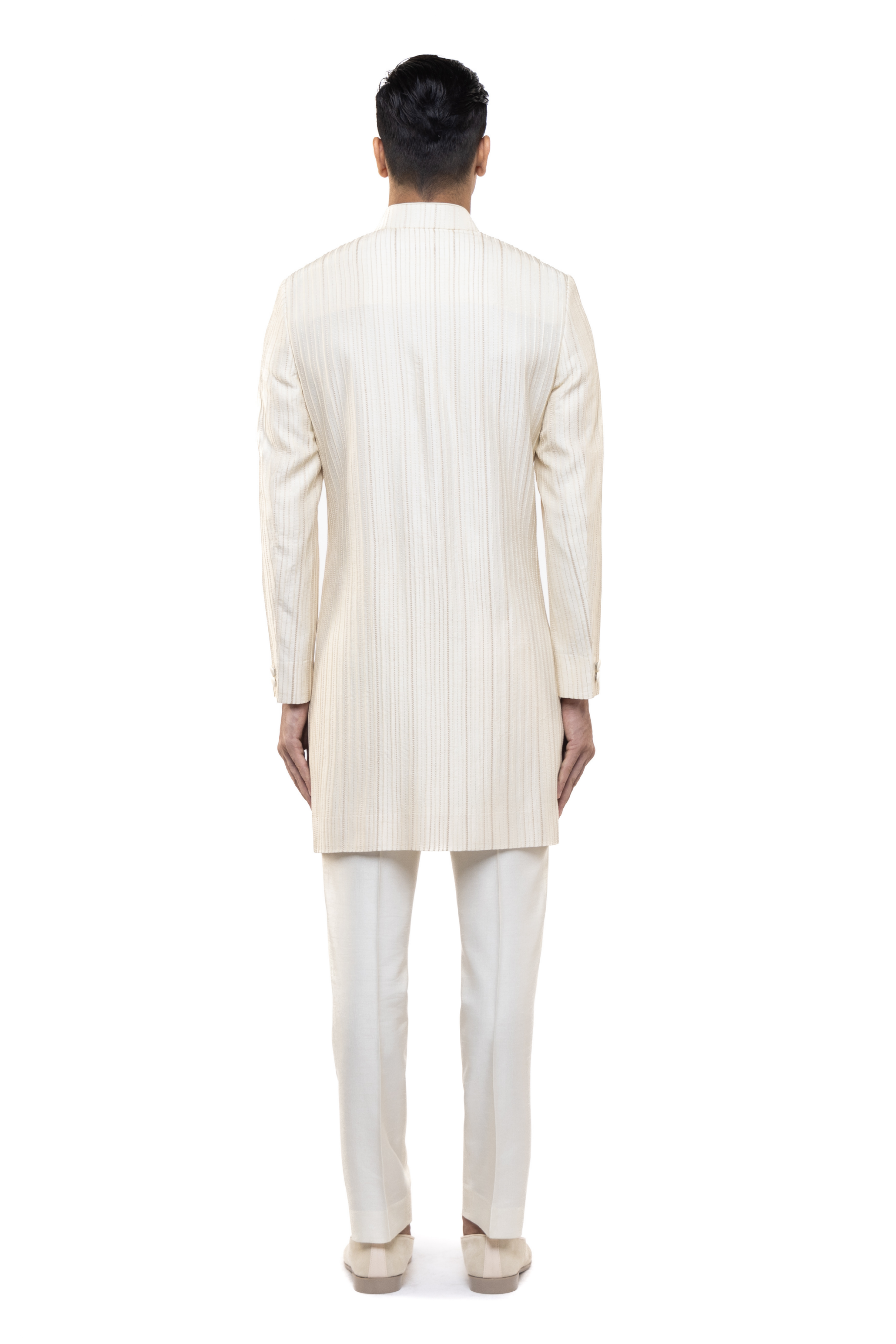 Off-White Silk Vertical Pleated Sherwani Set