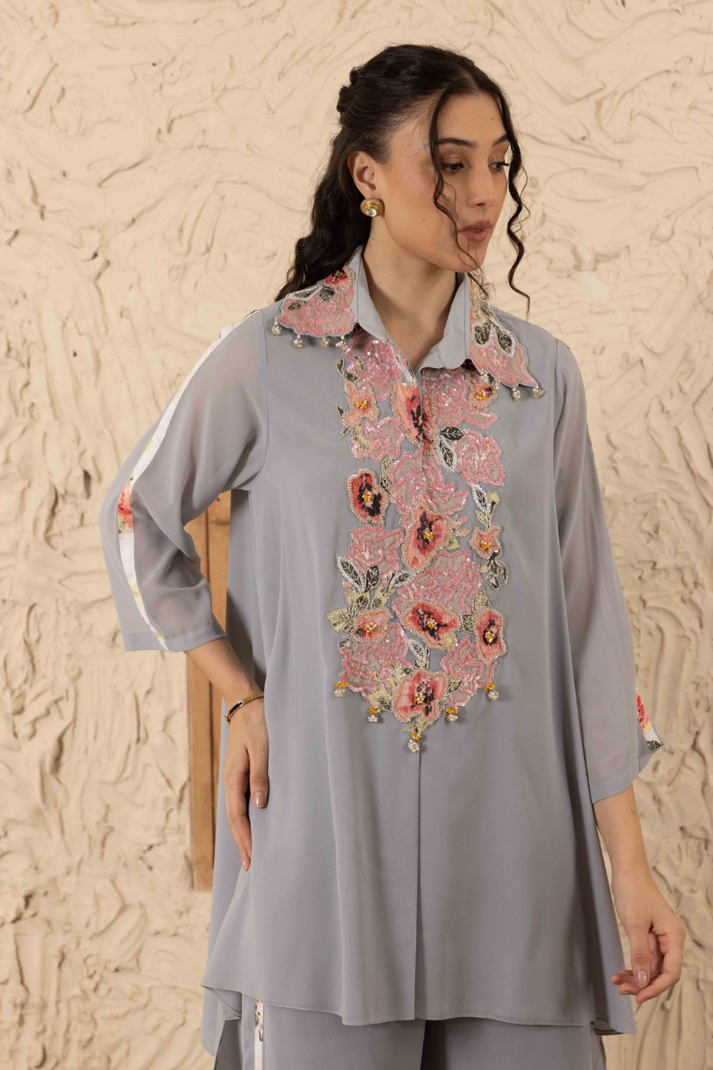 Aditi Ivory Embroidered Collar Co-ord Set - Luxury Georgette Wear
