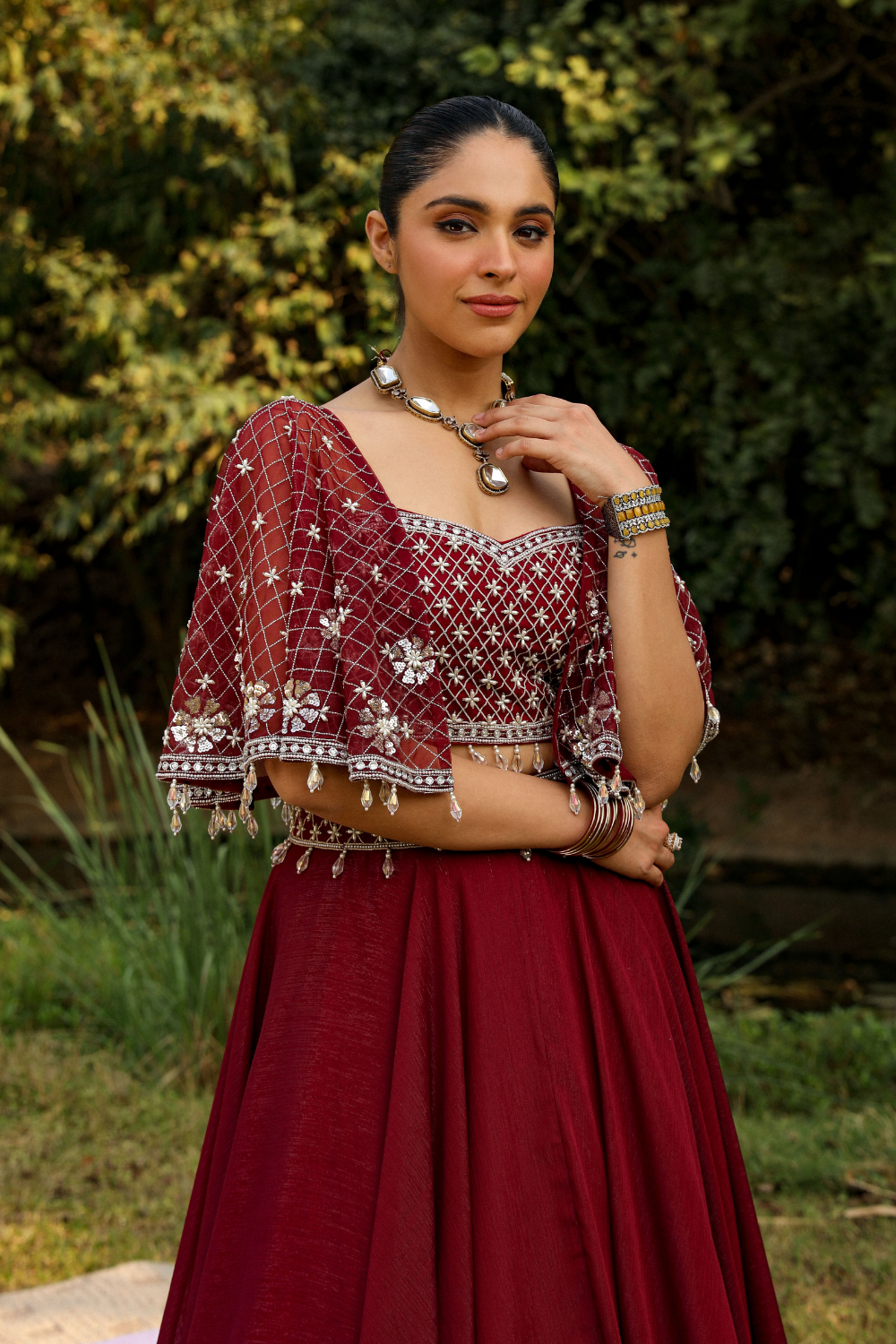 Aashvi Wine Embroidered Skirt Set with Structured Cape Sleeves