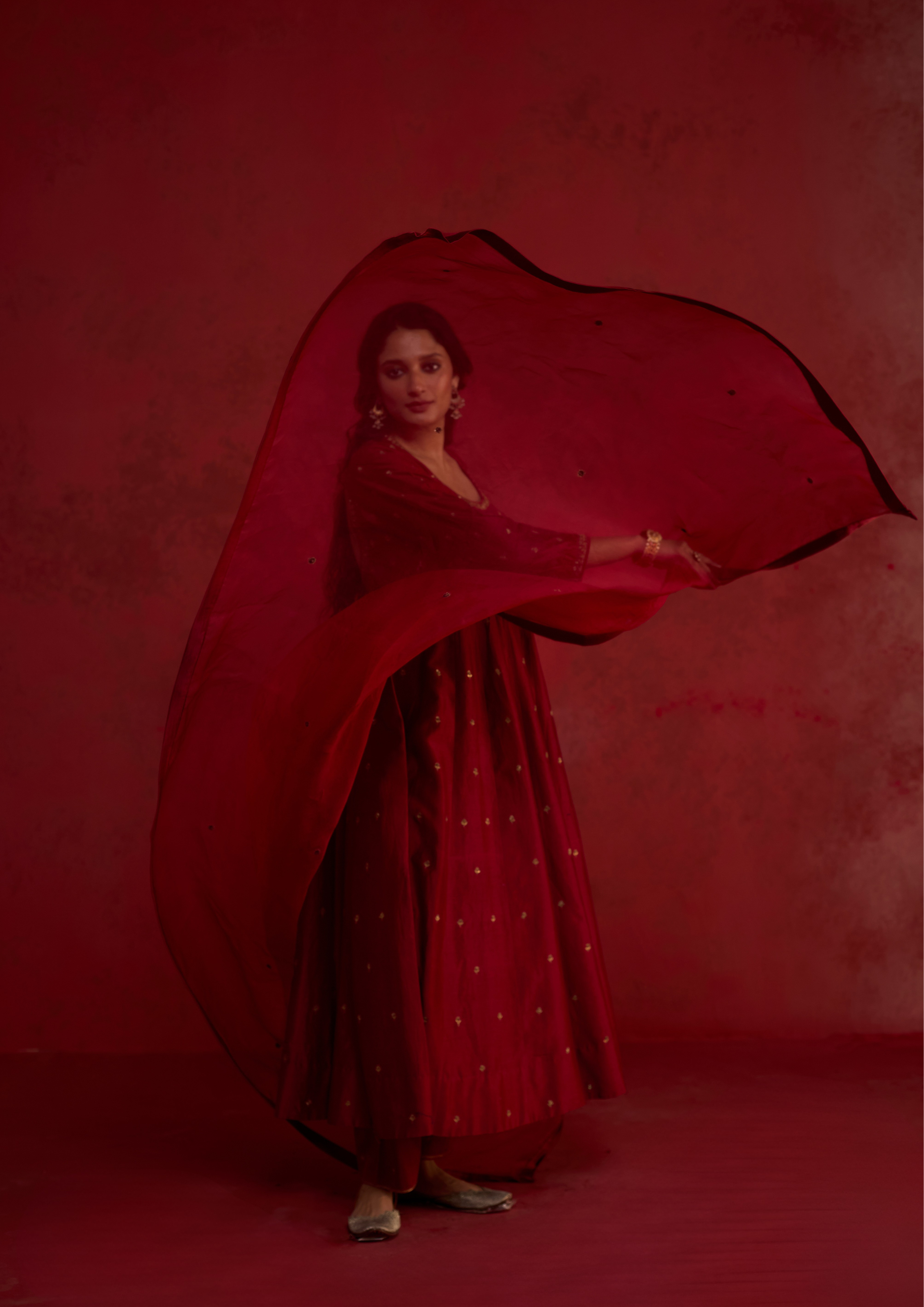 Mirka | Plum Red Chanderi Anarkali Set with Organza Dupatta
