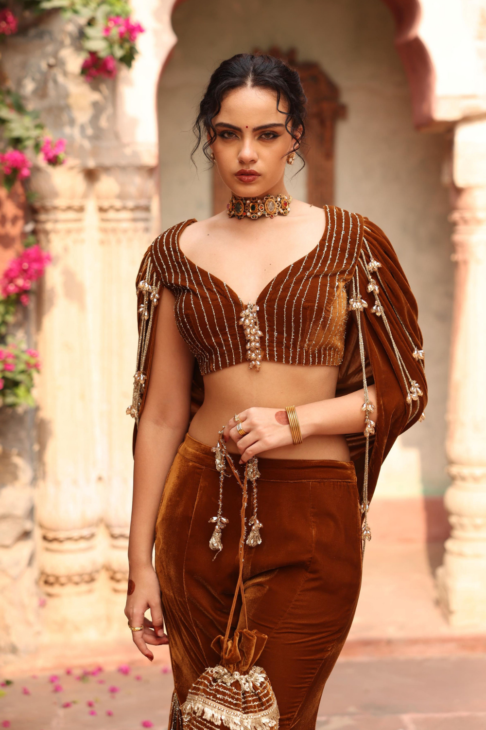 Honey Gold Velvet Sharara Set with Cowl Back & Crystal Hangings