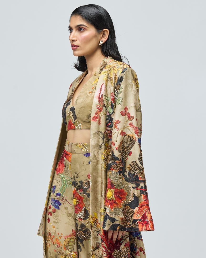 Autumn Floral Printed Raw Silk Cape Set for Festive Occasions