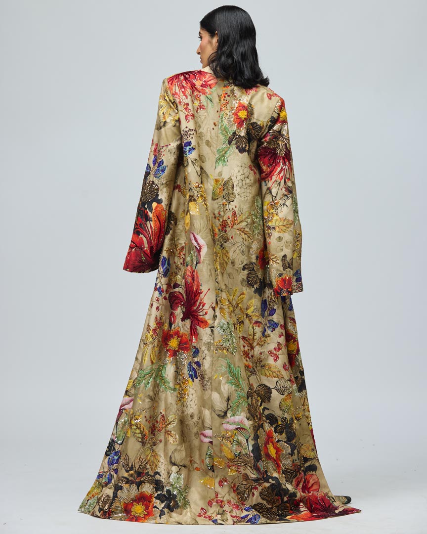 Autumn Floral Printed Raw Silk Cape Set for Festive Occasions