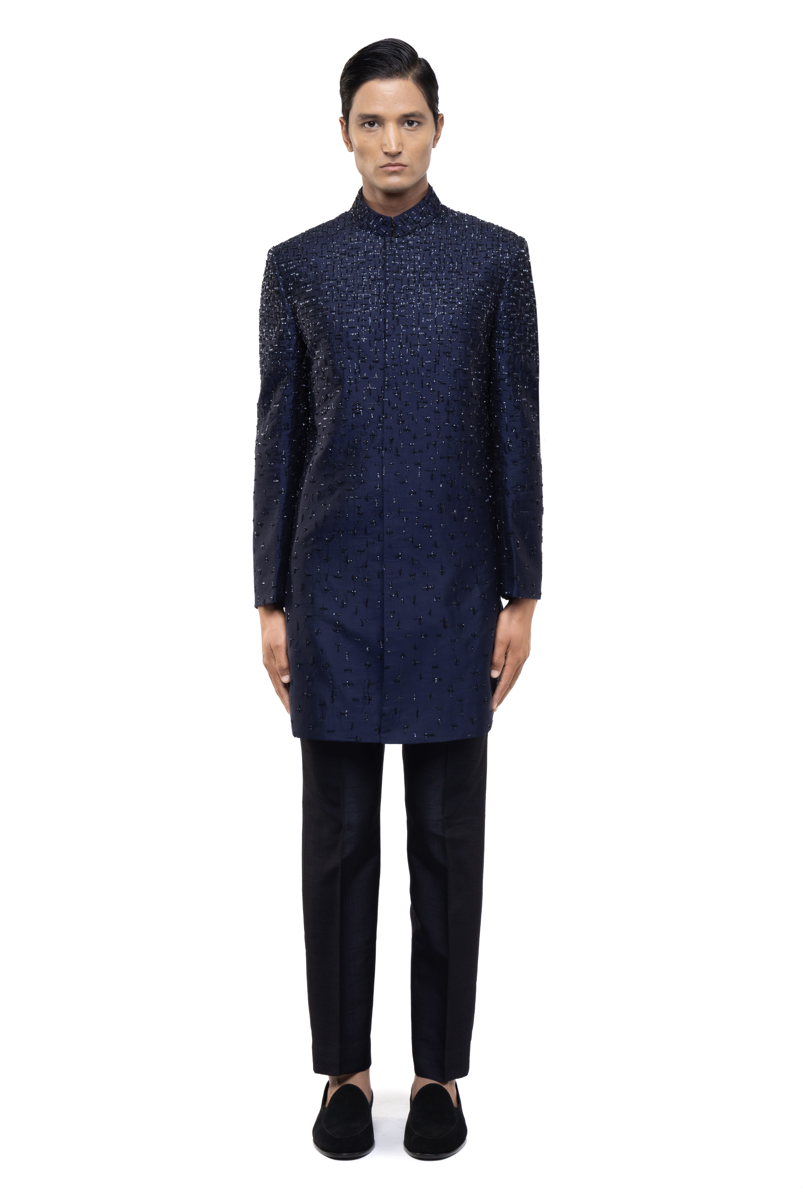 Navy Blue Silk Sequin Faded French Knot Embroidery Sherwani Set