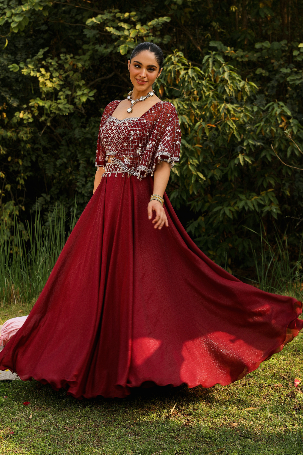 Aashvi Wine Embroidered Skirt Set with Structured Cape Sleeves