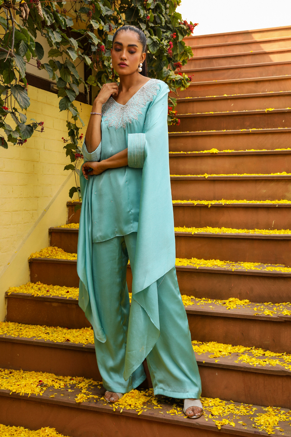 Sky Blue Chiffon Kaftan Co-ord Set with Leaf Dori Embroidery