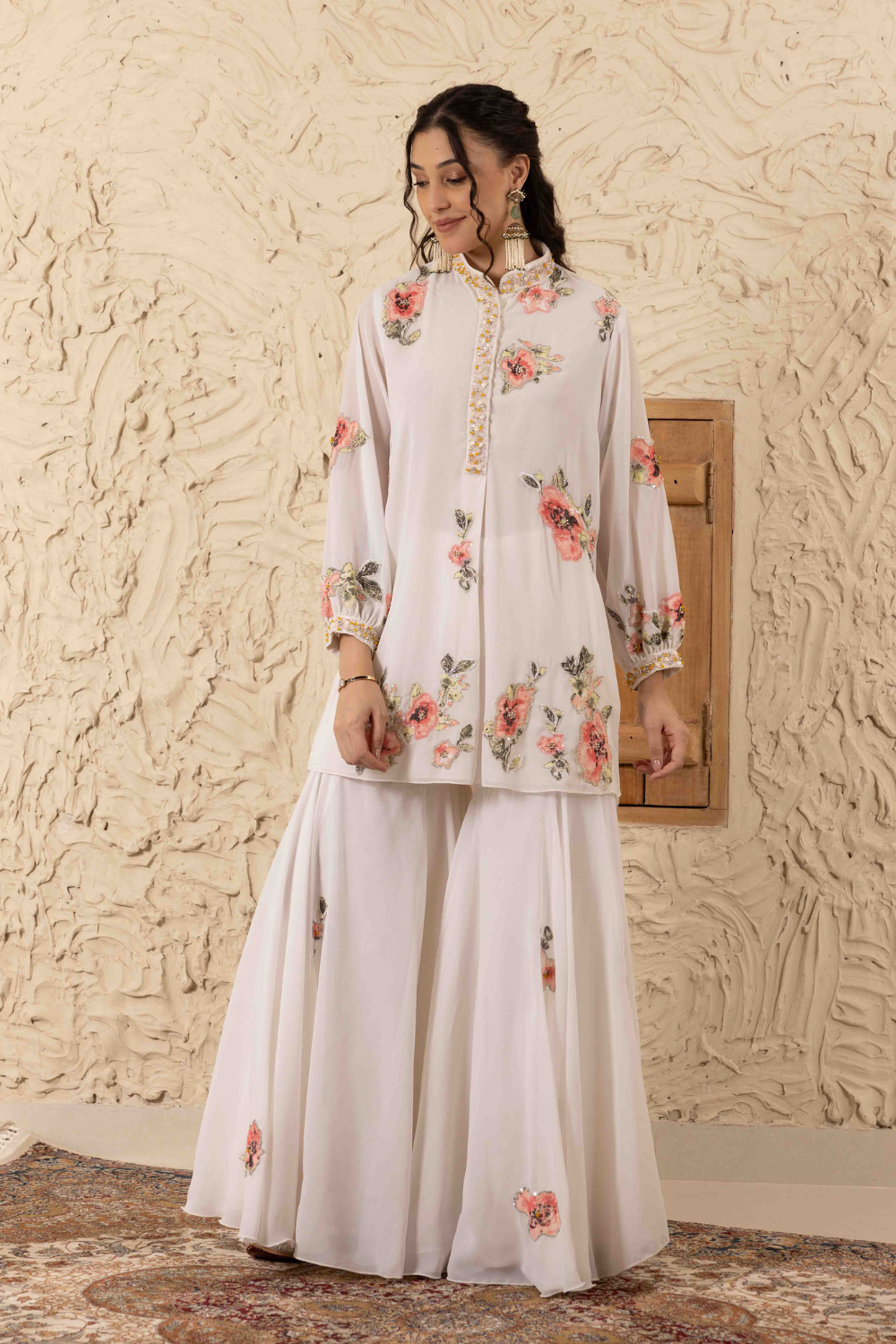 Malini Ivory Georgette Applique Embroidered Sharara Set