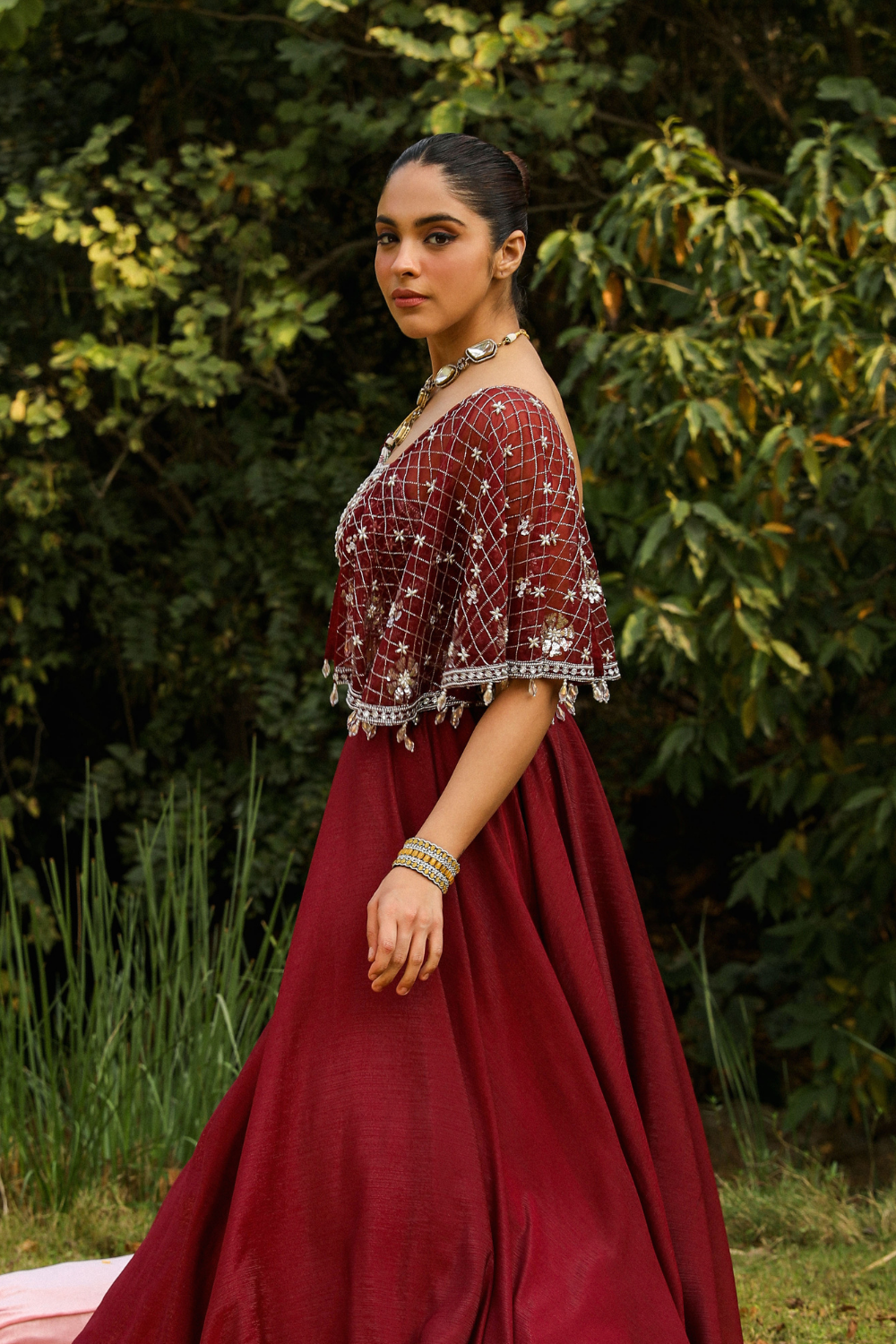 Aashvi Wine Embroidered Skirt Set with Structured Cape Sleeves