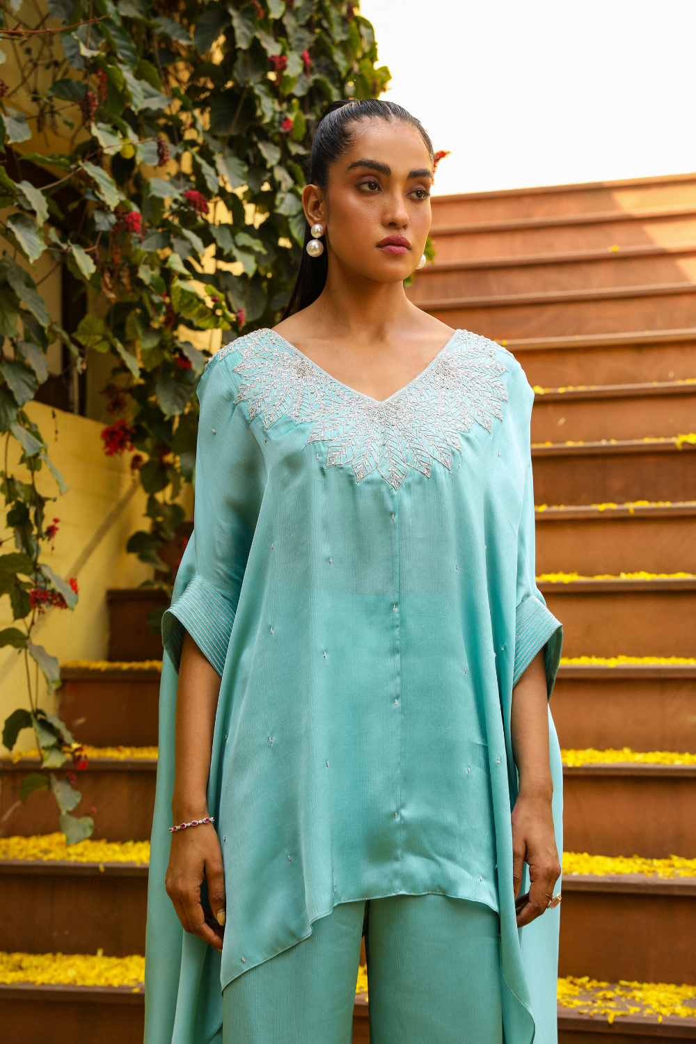 Sky Blue Chiffon Kaftan Co-ord Set with Leaf Dori Embroidery