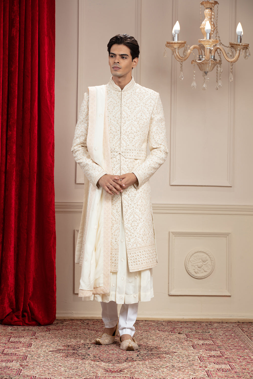 Cream White Lucknowi Sherwani With Matching Dupatta And Embellishments