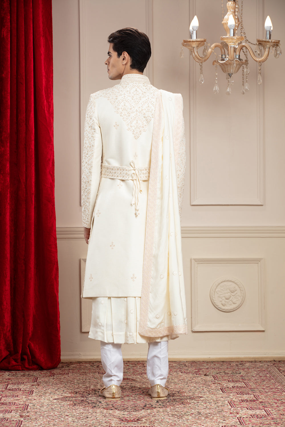 Cream White Lucknowi Sherwani With Matching Dupatta And Embellishments