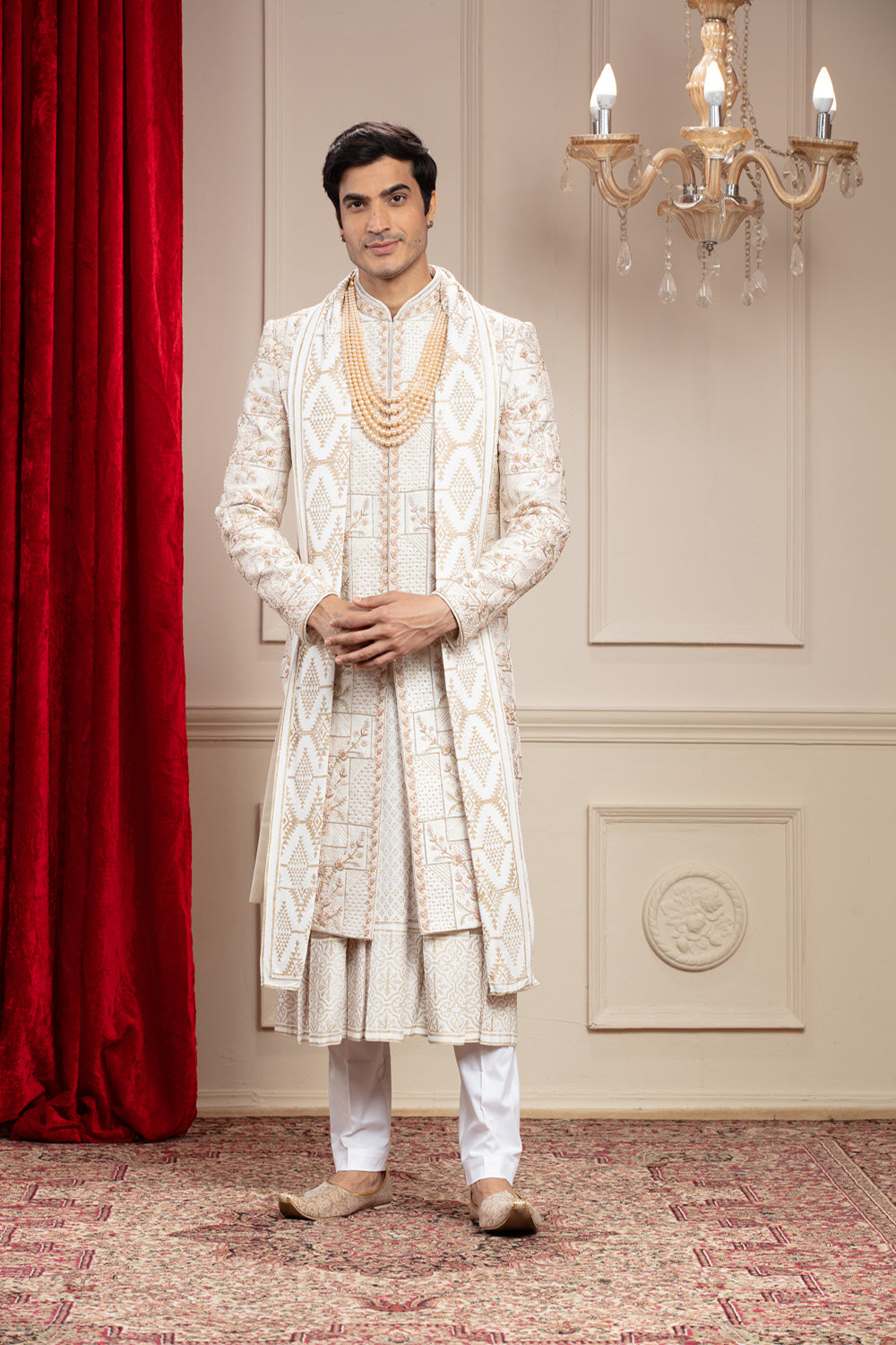 Cream White Anarkali Sherwani With Mtaching Dupatta And Embellishments