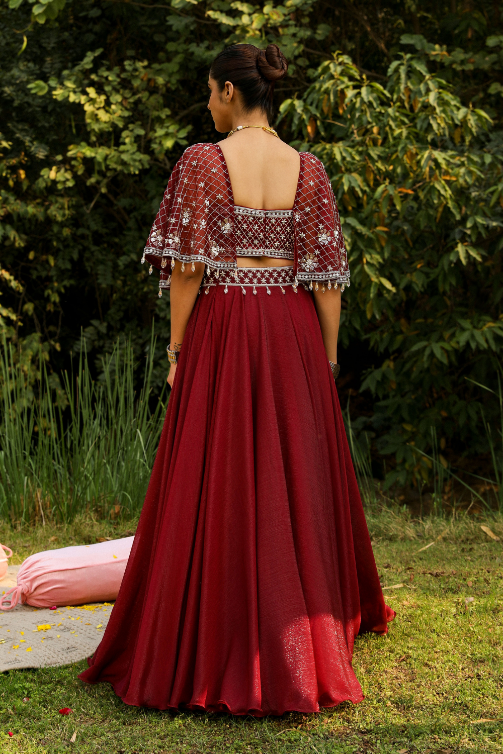 Aashvi Wine Embroidered Skirt Set with Structured Cape Sleeves