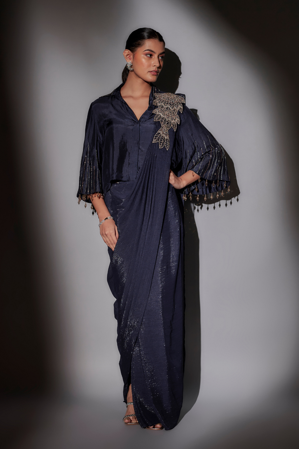 Navy Blue Richa Pre-Draped Saree with Bohemian Shirt Blouse