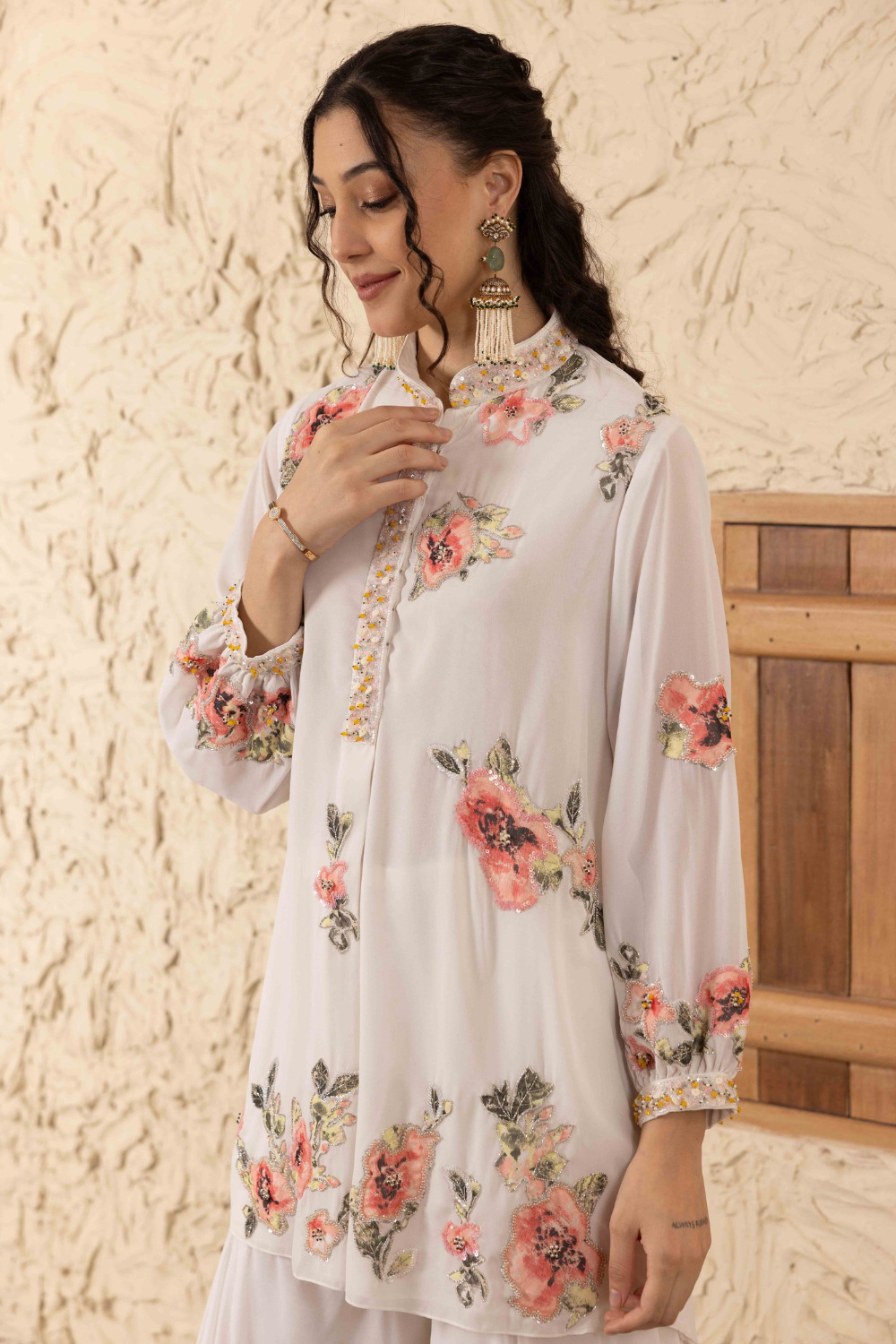 Malini Ivory Georgette Applique Embroidered Sharara Set