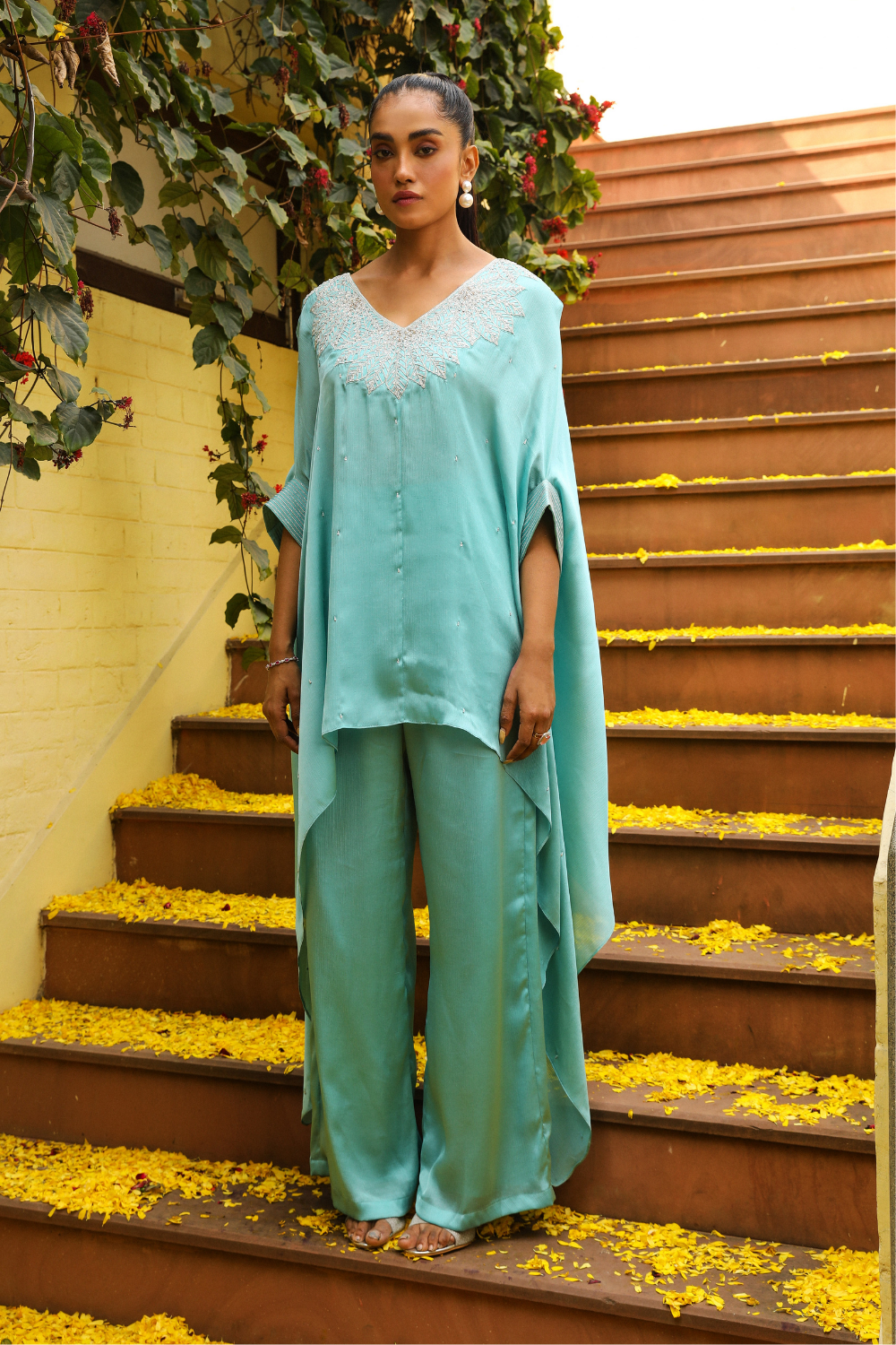 Sky Blue Chiffon Kaftan Co-ord Set with Leaf Dori Embroidery