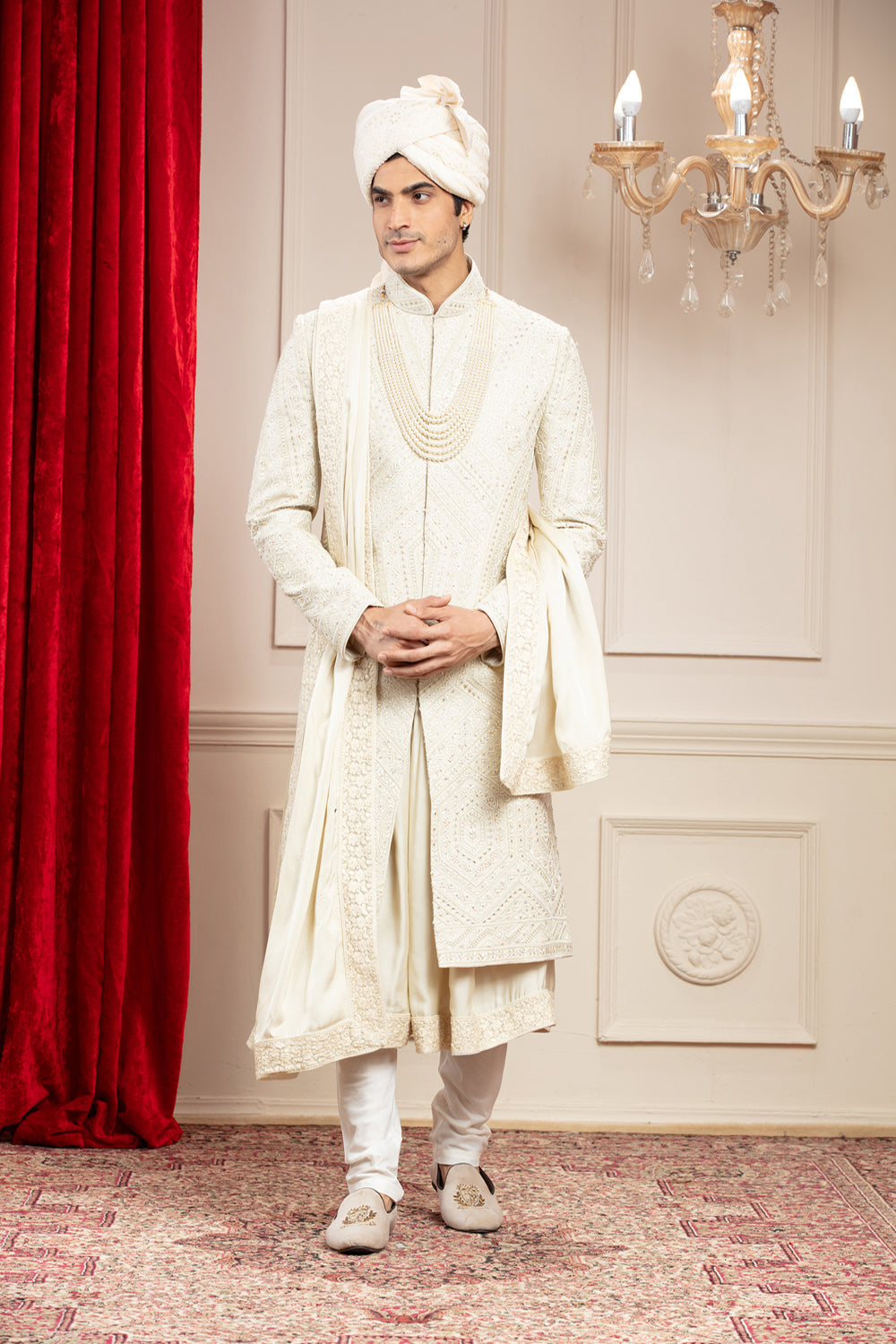 Cream White Anarkali Sherwani With Matching Dupatta & Embellishments