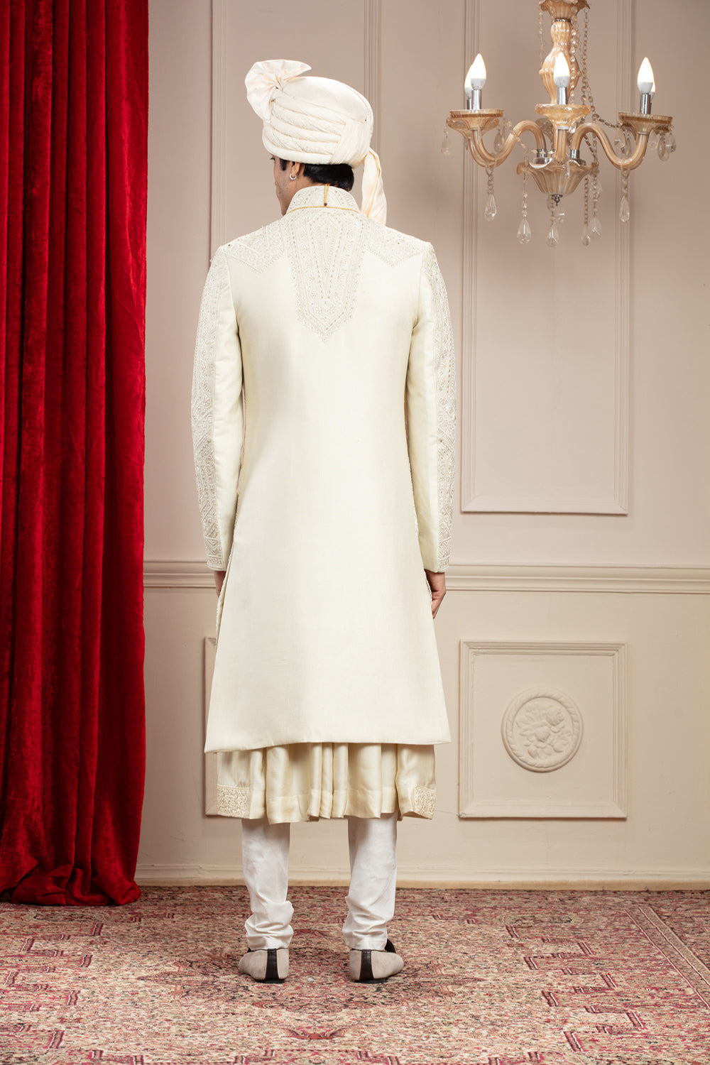 Cream White Anarkali Sherwani With Matching Dupatta & Embellishments