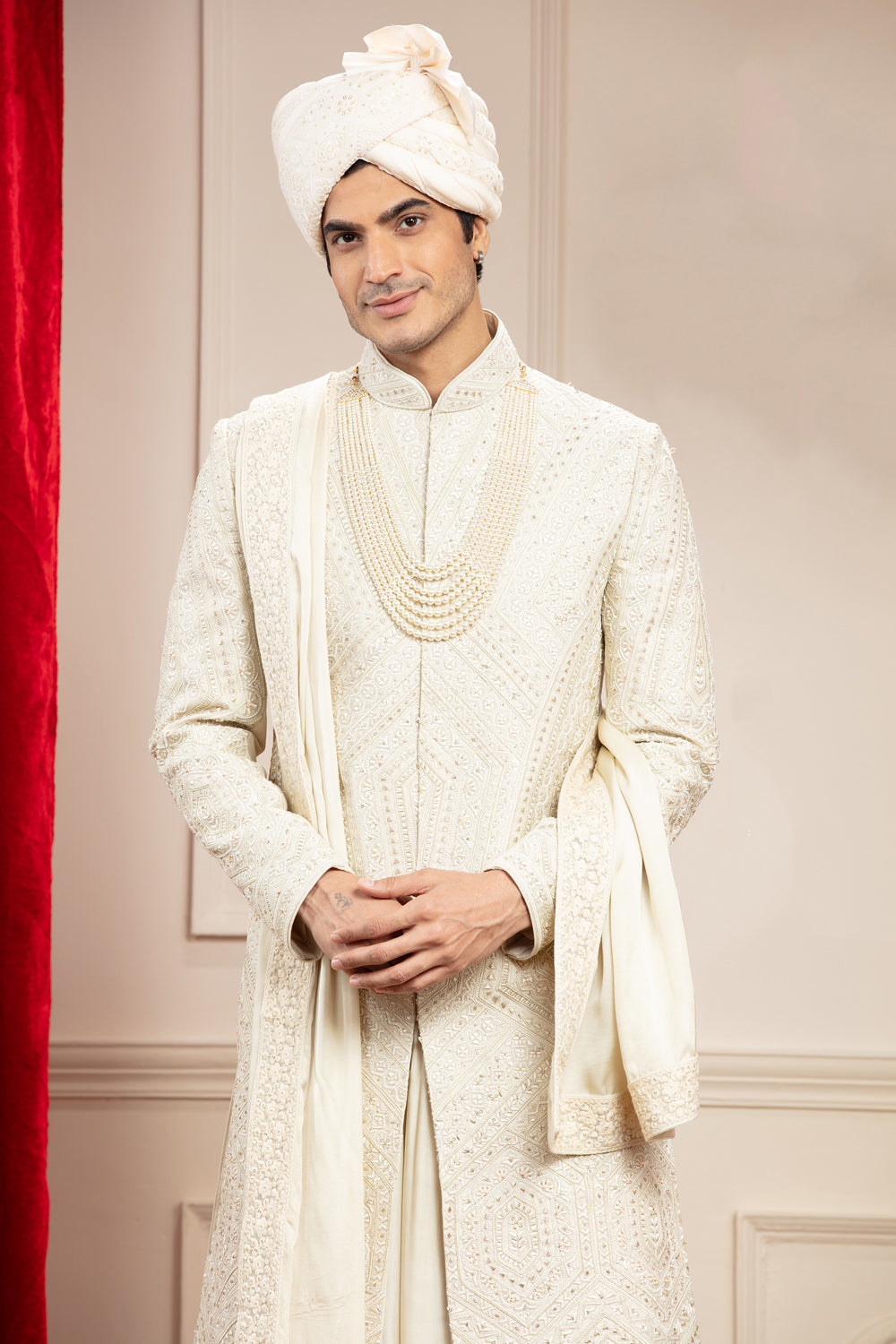 Cream White Anarkali Sherwani With Matching Dupatta & Embellishments