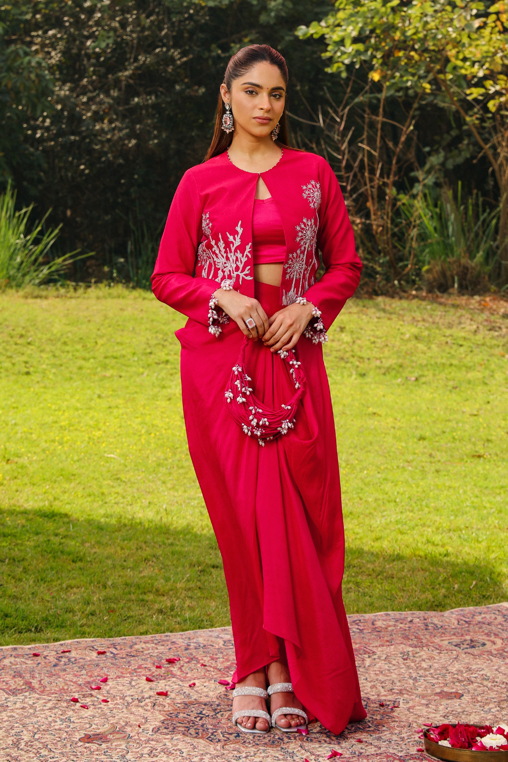 Rani Pink Opada Silk Ghazal Skirt Set with Pearl Cuffs