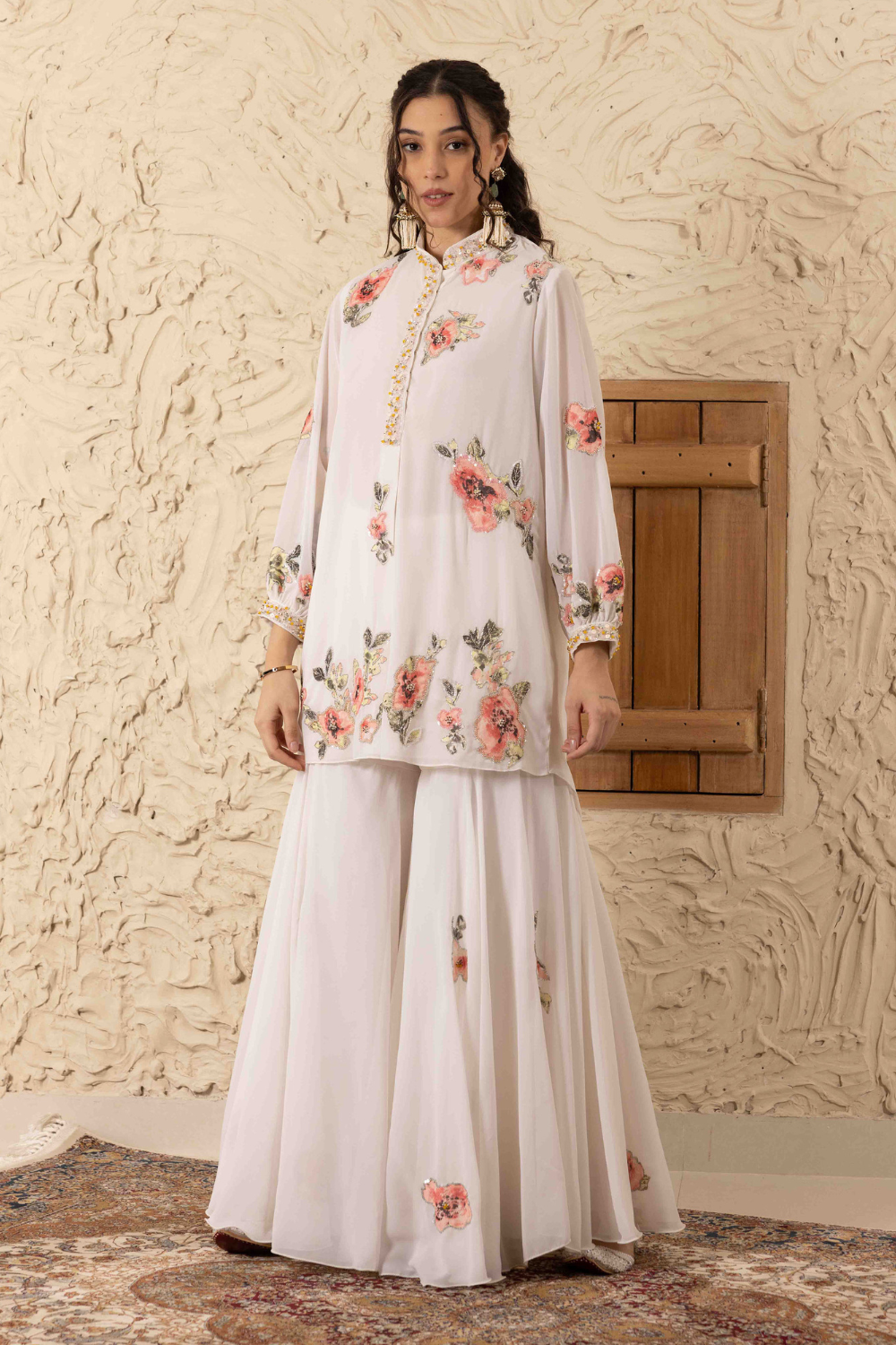 Malini Ivory Georgette Applique Embroidered Sharara Set