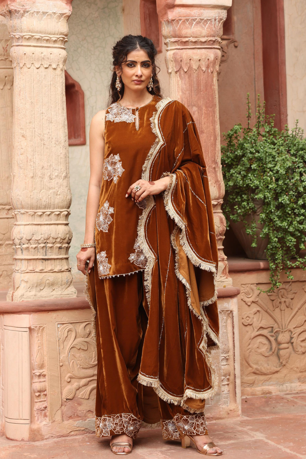 Honey Gold Velvet Kurta Set with Farzi Salwar & Scallop Dupatta